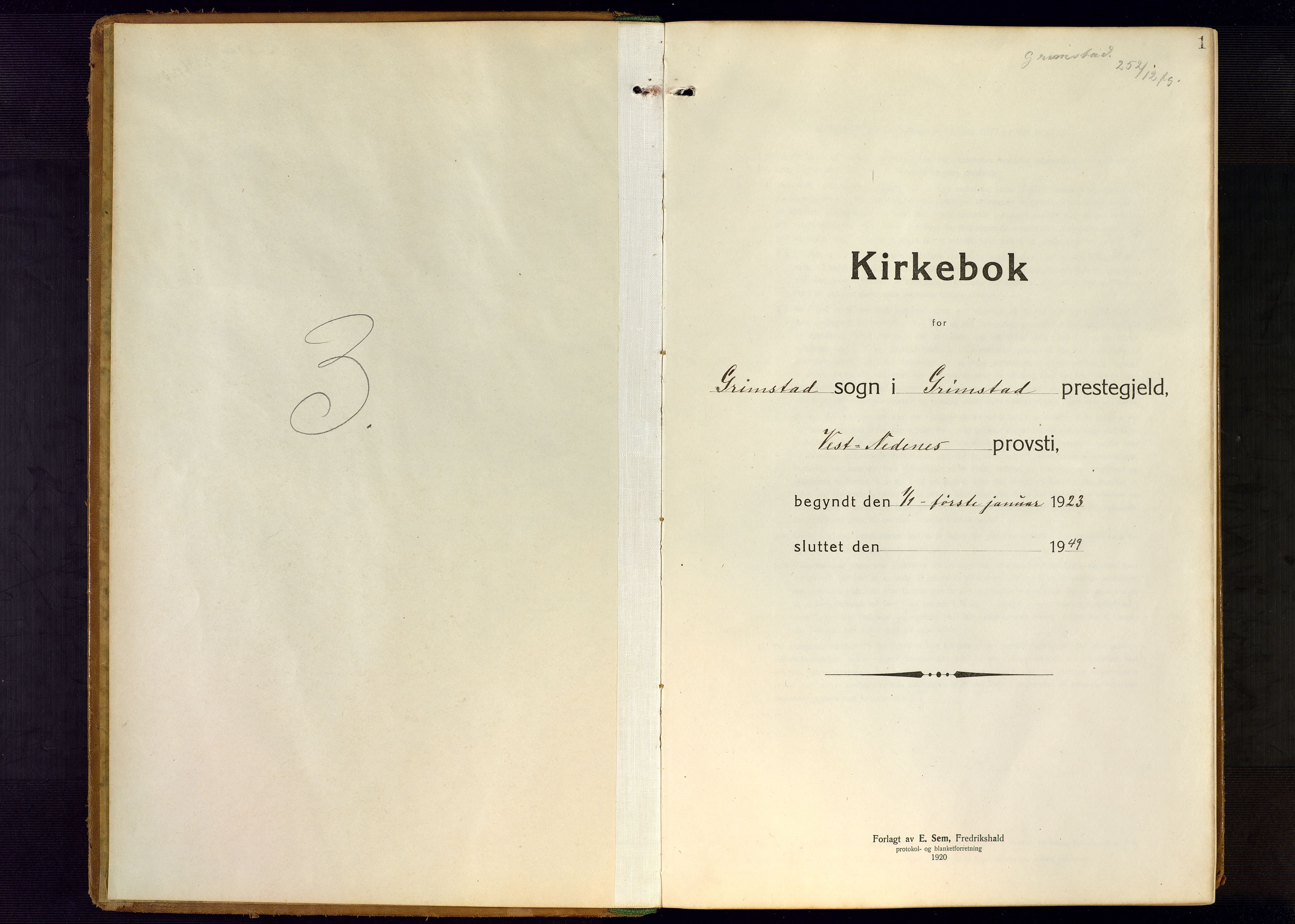 Grimstad sokneprestkontor, AV/SAK-1111-0017/F/Fb/L0002: Klokkerbok nr. B 2, 1923-1949, s. 1