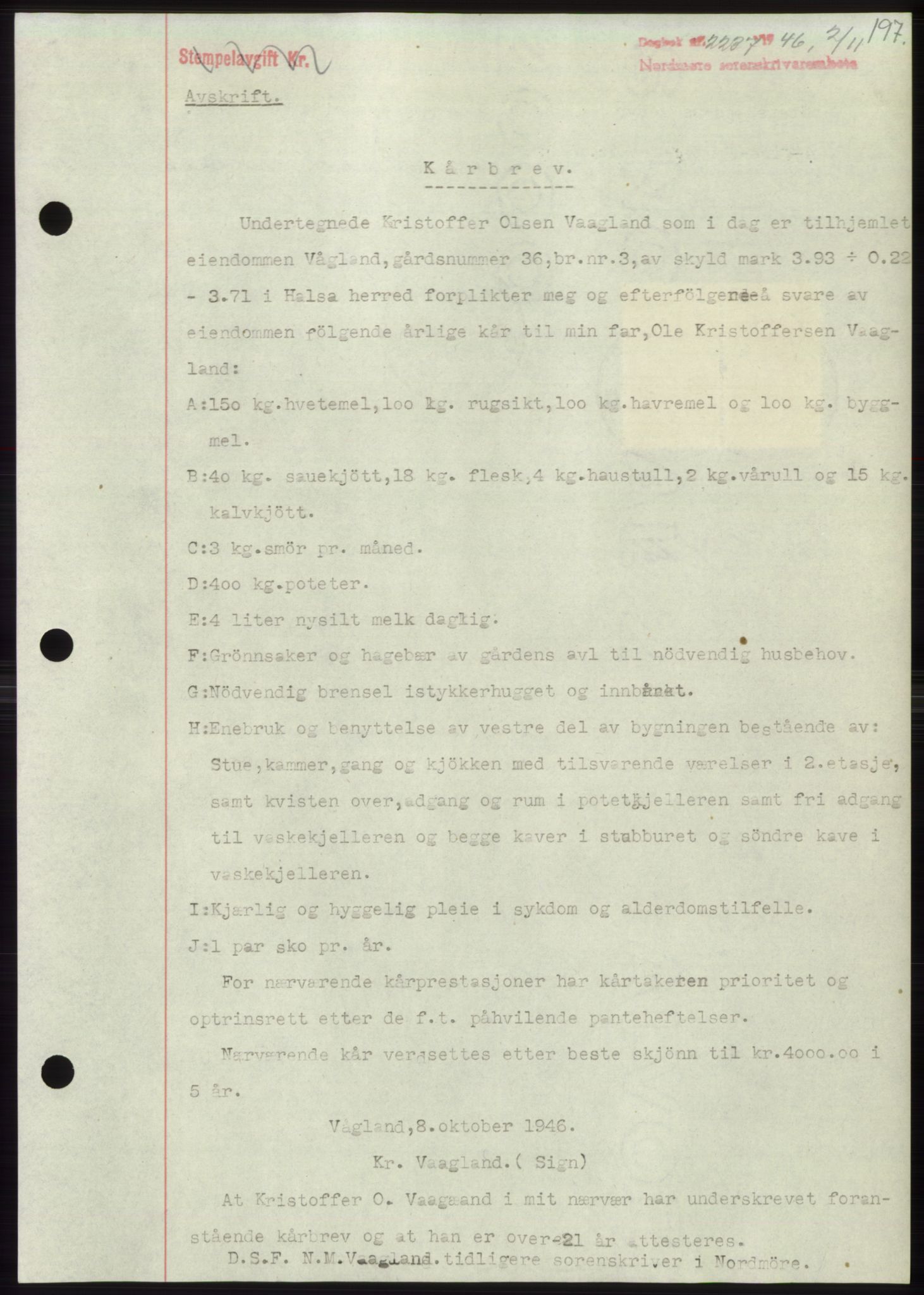 Nordmøre sorenskriveri, SAT/A-4132/1/2/2Ca: Pantebok nr. B95, 1946-1947, Dagboknr: 2237/1946