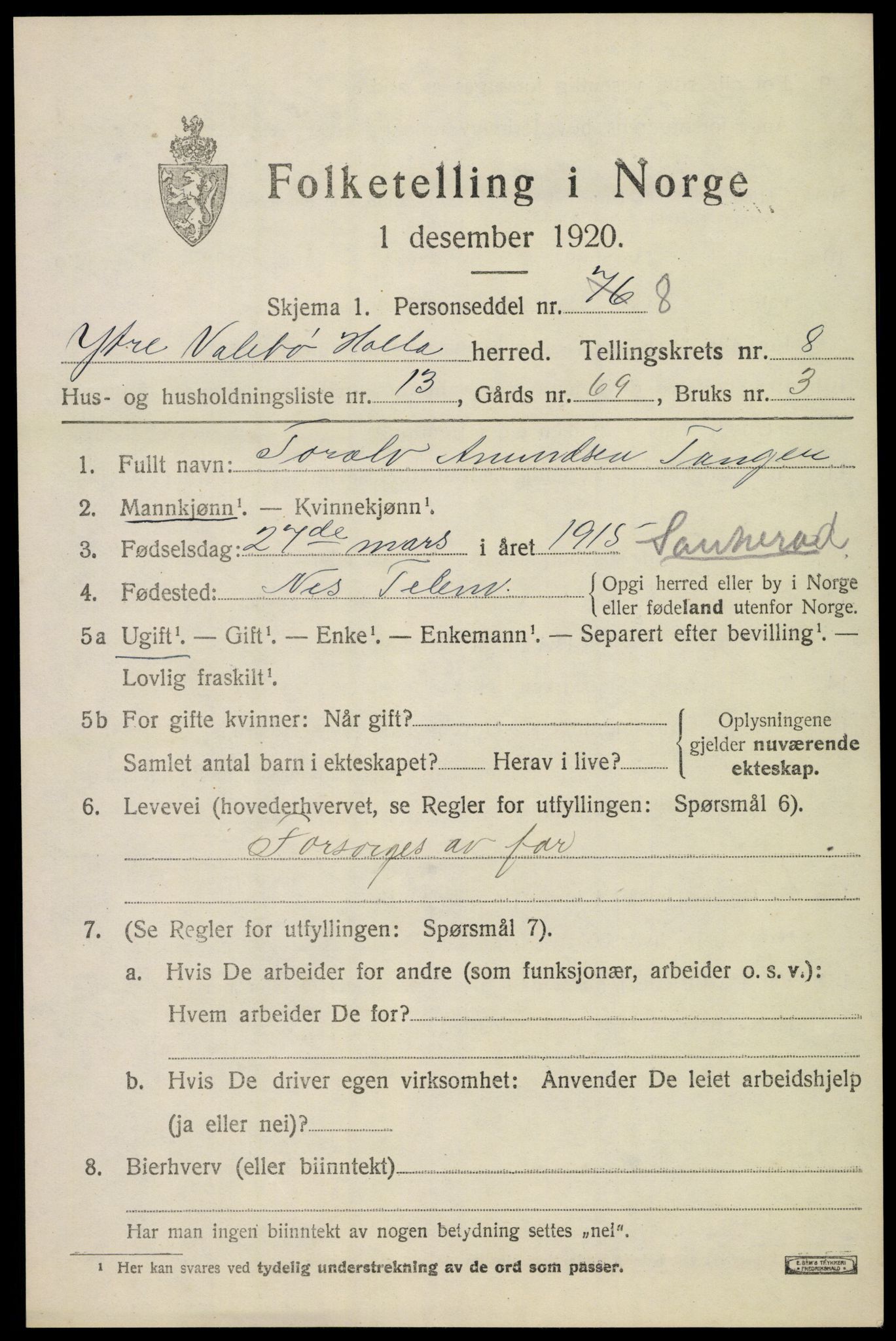 SAKO, Folketelling 1920 for 0819 Holla herred, 1920, s. 5449