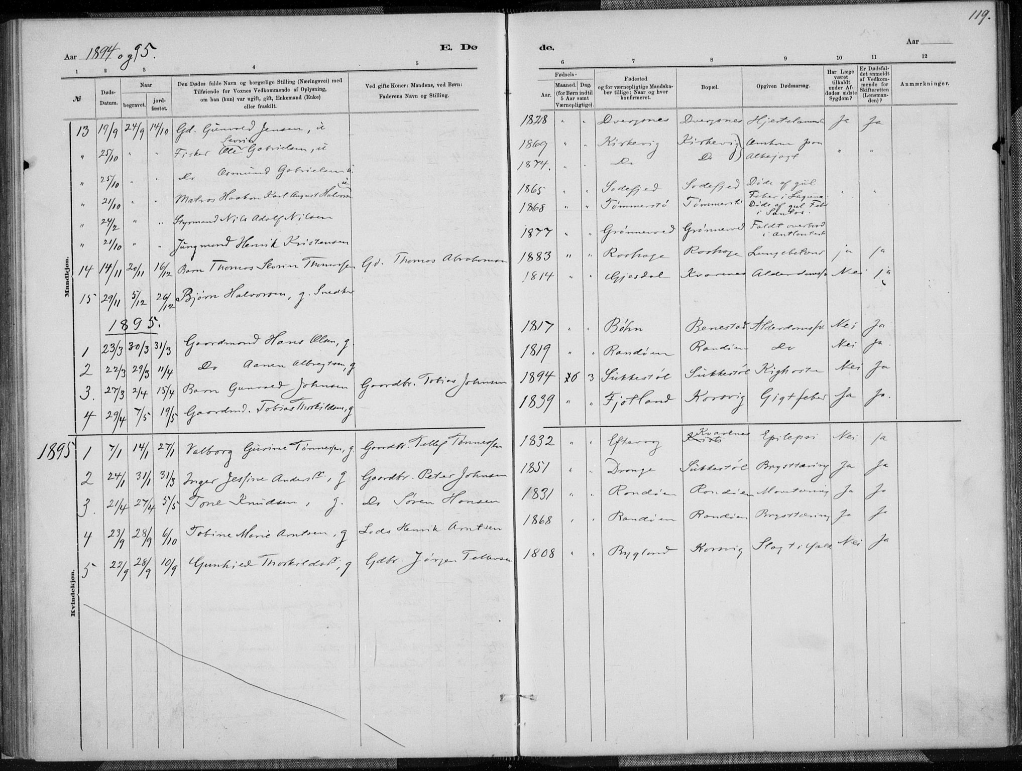 Oddernes sokneprestkontor, SAK/1111-0033/F/Fa/Fab/L0002: Ministerialbok nr. A 2, 1884-1903, s. 119