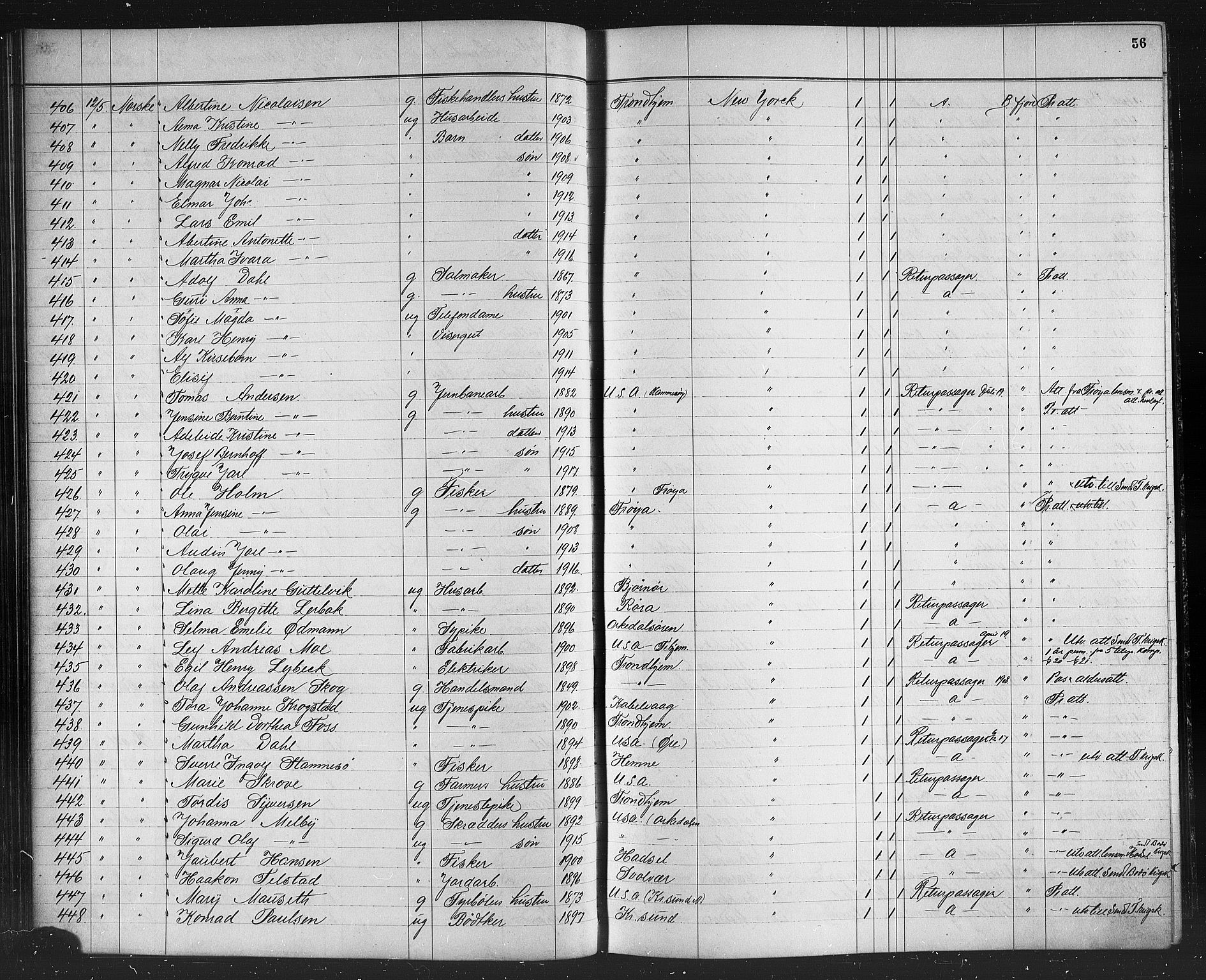 Trondheim politikammer, SAT/A-1887/1/32/L0016: Emigrantprotokoll XV, 1916-1926, s. 56