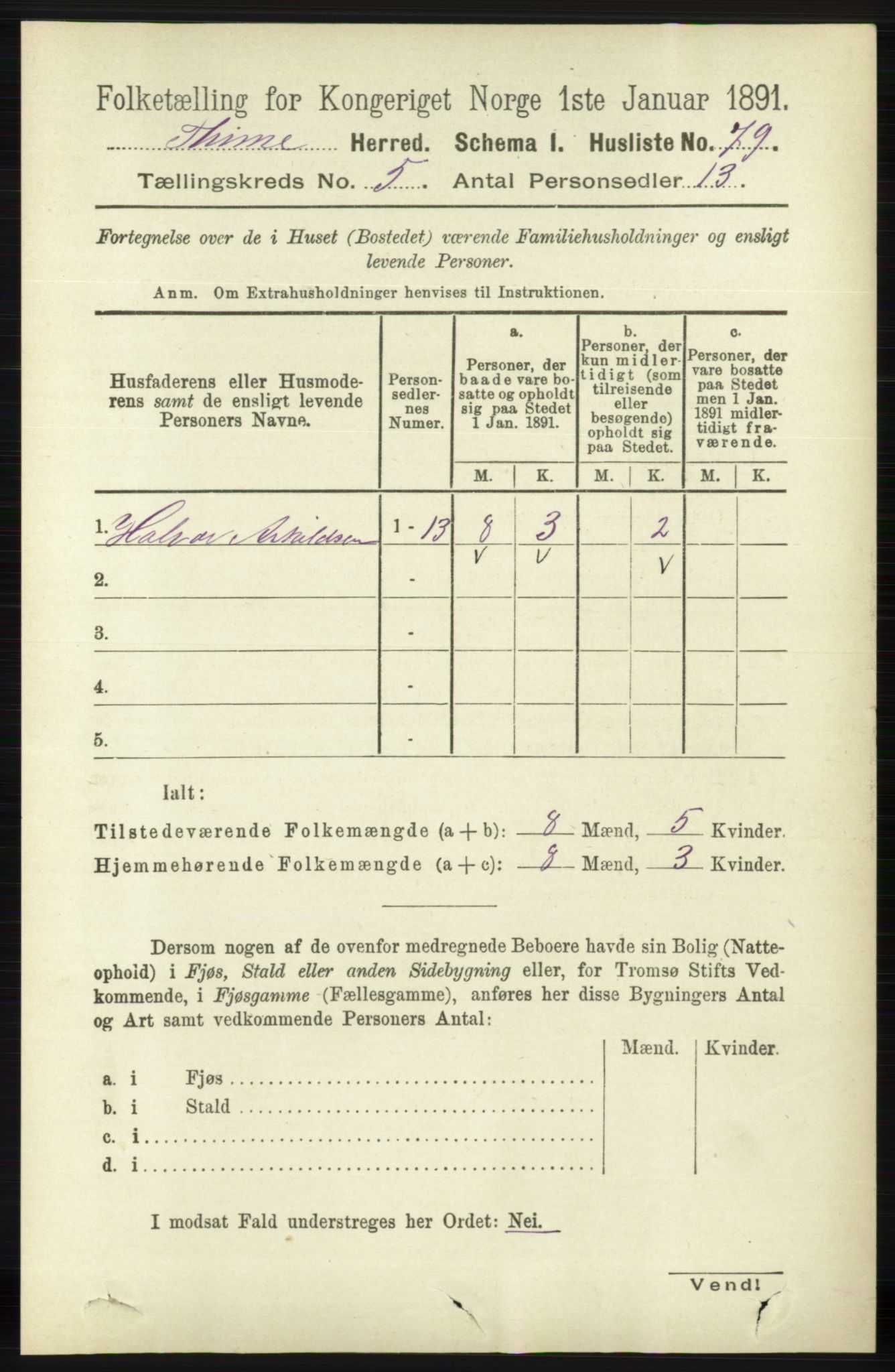 RA, Folketelling 1891 for 1121 Time herred, 1891, s. 1825