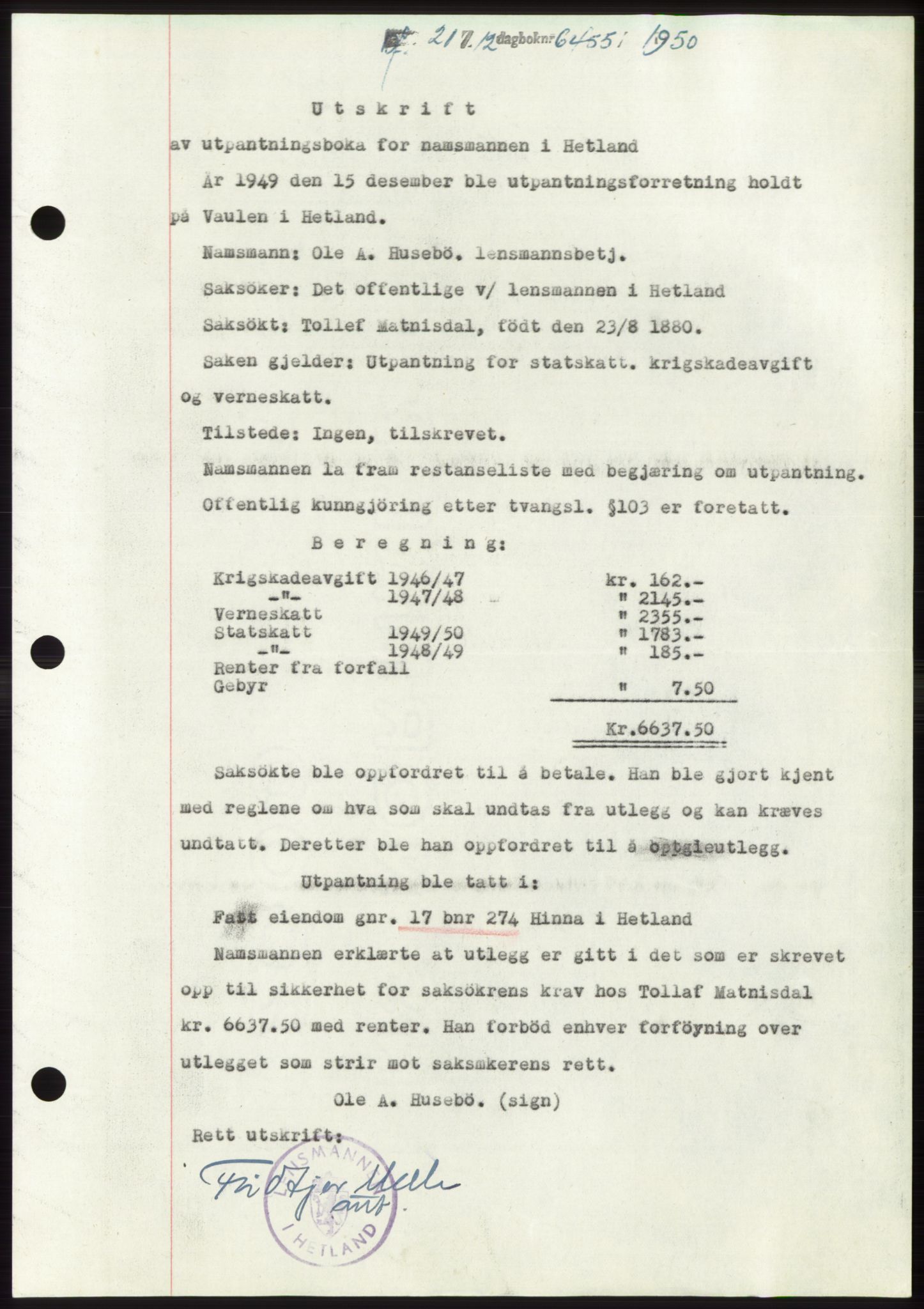 Jæren sorenskriveri, SAST/A-100310/03/G/Gba/L0110: Pantebok, 1950-1950, Dagboknr: 6455/1950