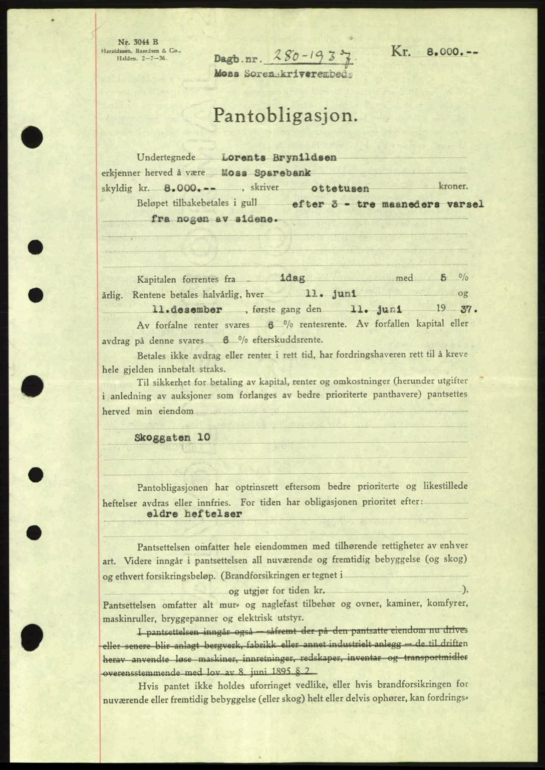 Moss sorenskriveri, SAO/A-10168: Pantebok nr. B3, 1937-1937, Dagboknr: 280/1937