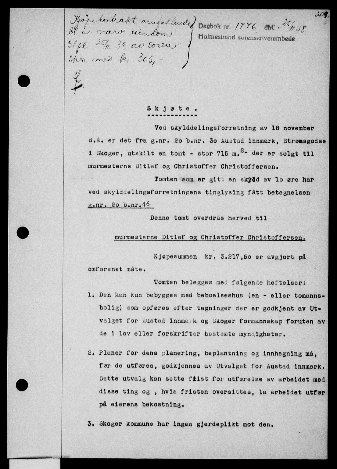 Holmestrand sorenskriveri, SAKO/A-67/G/Ga/Gaa/L0050: Pantebok nr. A-50, 1938-1939, Dagboknr: 1776/1938
