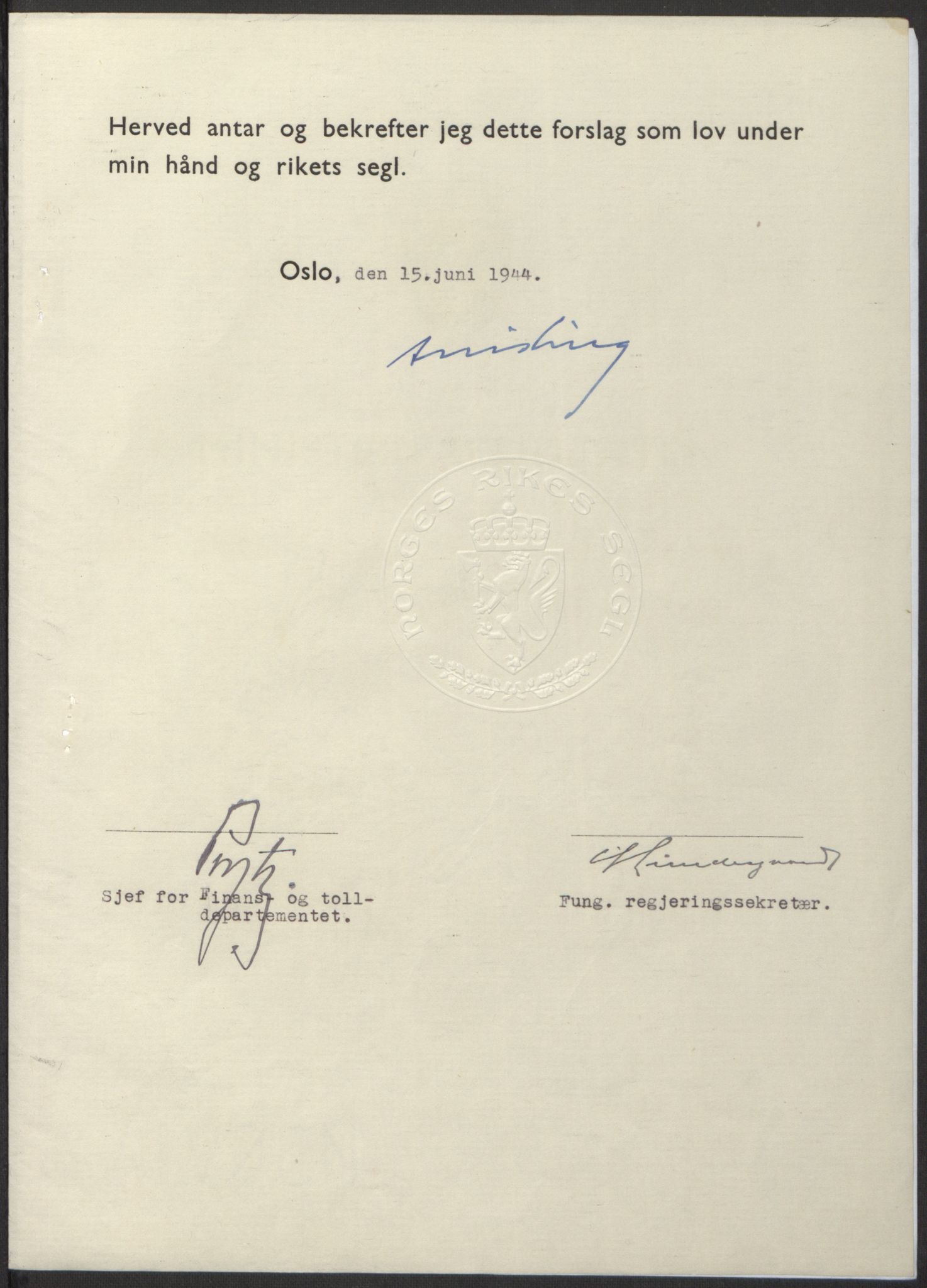 NS-administrasjonen 1940-1945 (Statsrådsekretariatet, de kommisariske statsråder mm), RA/S-4279/D/Db/L0100: Lover, 1944, s. 275