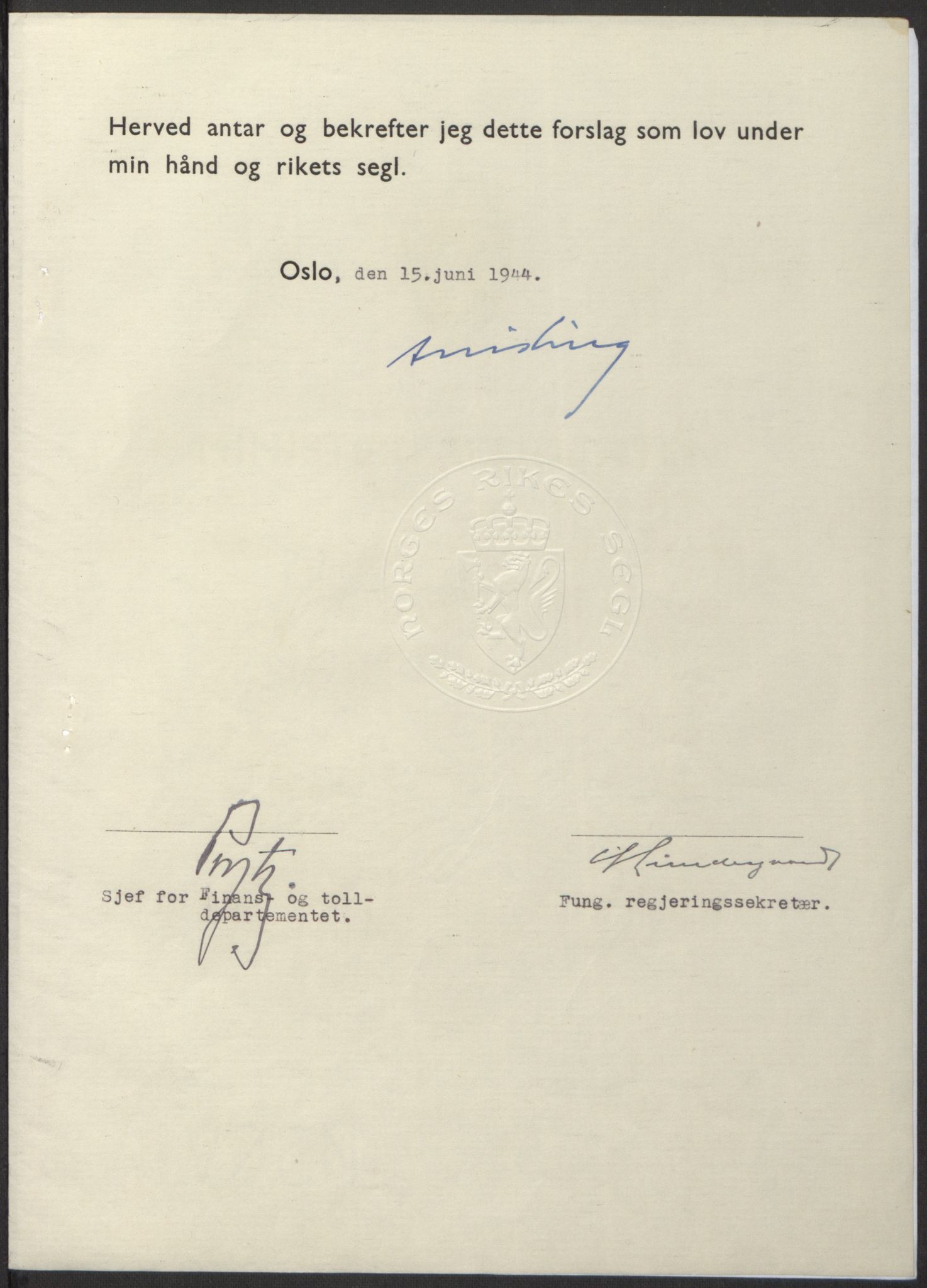 NS-administrasjonen 1940-1945 (Statsrådsekretariatet, de kommisariske statsråder mm), AV/RA-S-4279/D/Db/L0100: Lover, 1944, s. 275