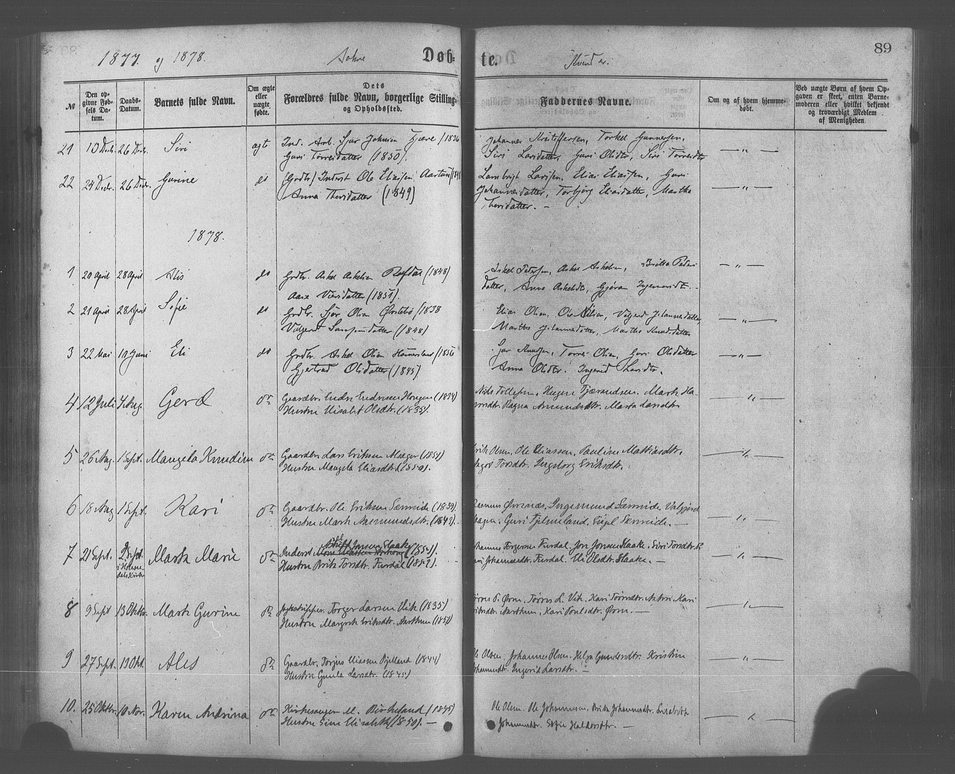 Skånevik sokneprestembete, AV/SAB-A-77801/H/Haa: Ministerialbok nr. A 6, 1869-1878, s. 89