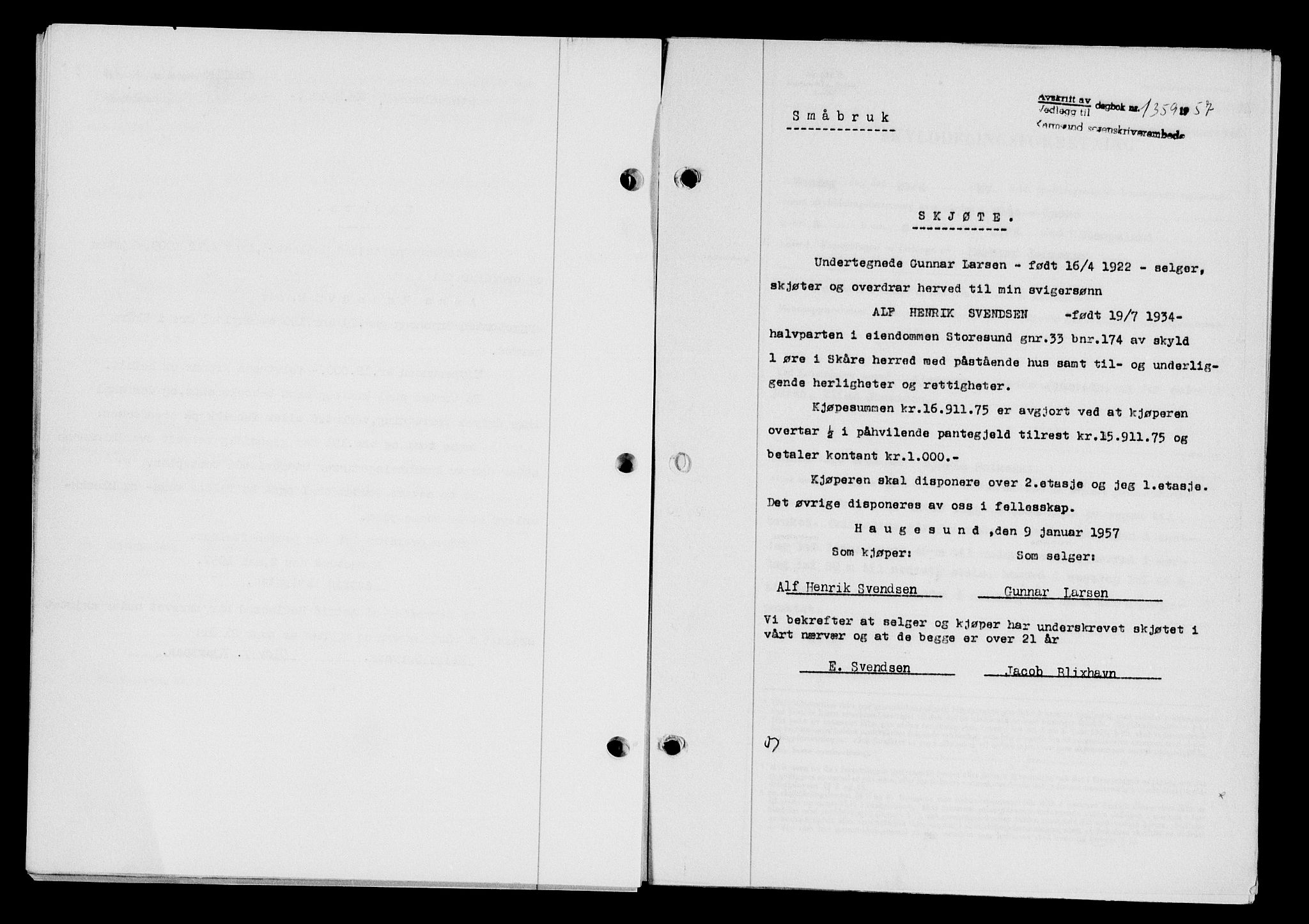 Karmsund sorenskriveri, SAST/A-100311/01/II/IIB/L0124: Pantebok nr. 104A, 1957-1957, Dagboknr: 1359/1957
