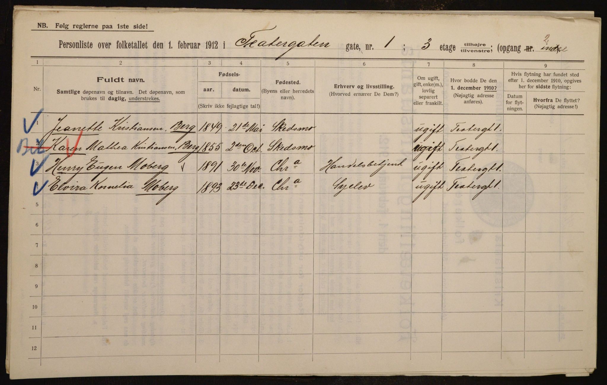 OBA, Kommunal folketelling 1.2.1912 for Kristiania, 1912, s. 107076