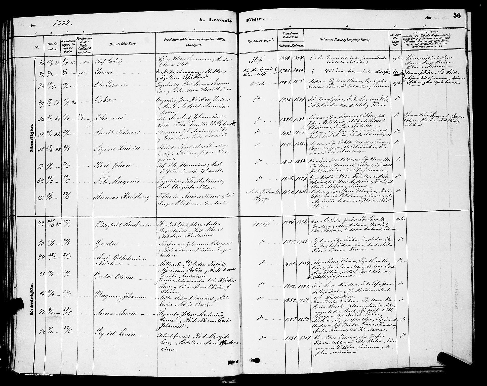 Moss prestekontor Kirkebøker, AV/SAO-A-2003/G/Ga/L0005: Klokkerbok nr. I 5, 1878-1888, s. 56