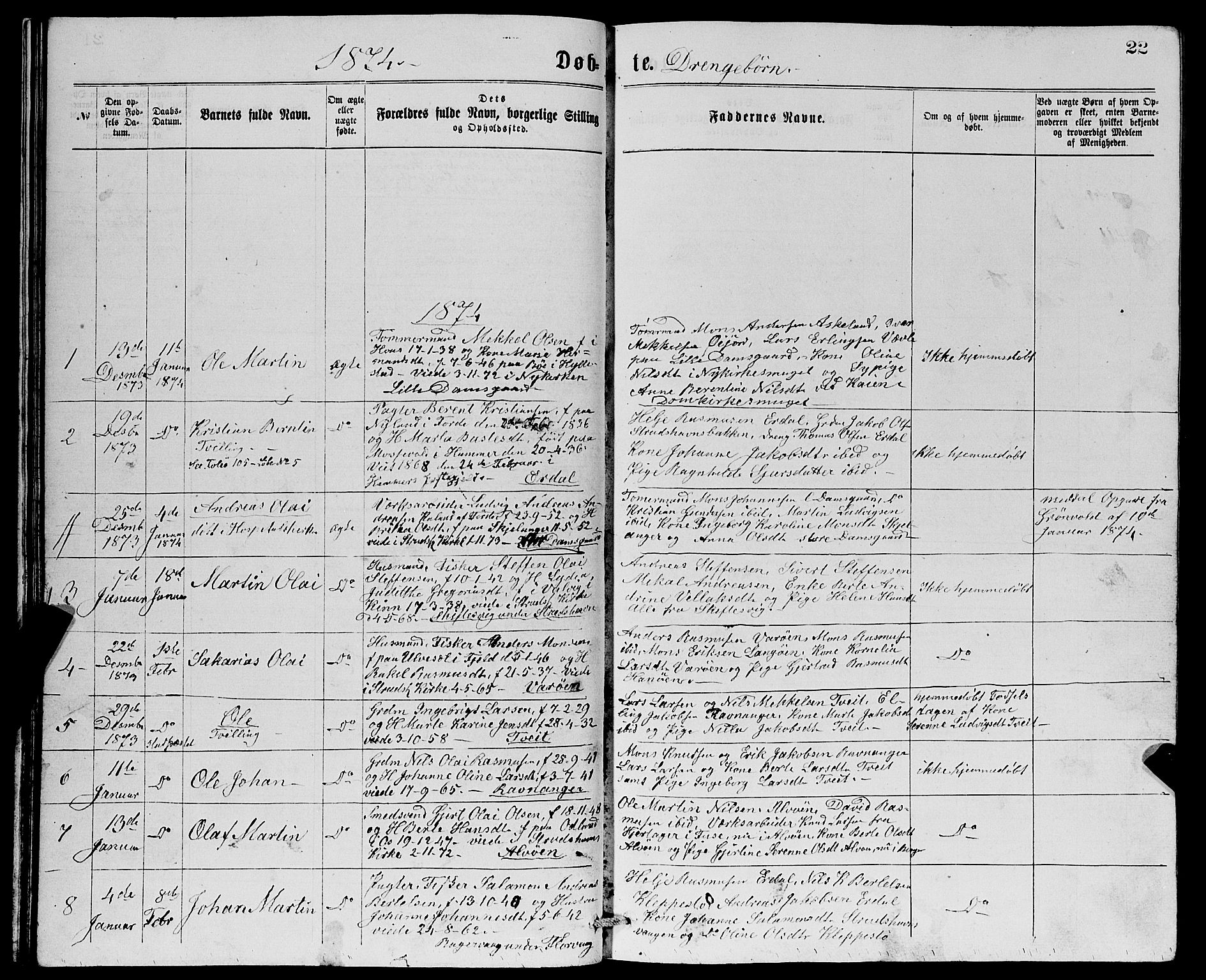 Askøy Sokneprestembete, AV/SAB-A-74101/H/Ha/Hab/Haba/L0007: Klokkerbok nr. A 7, 1871-1881, s. 22