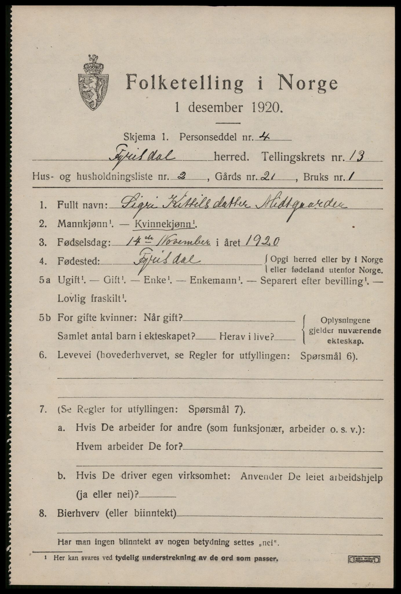 SAKO, Folketelling 1920 for 0831 Fyresdal herred, 1920, s. 4279
