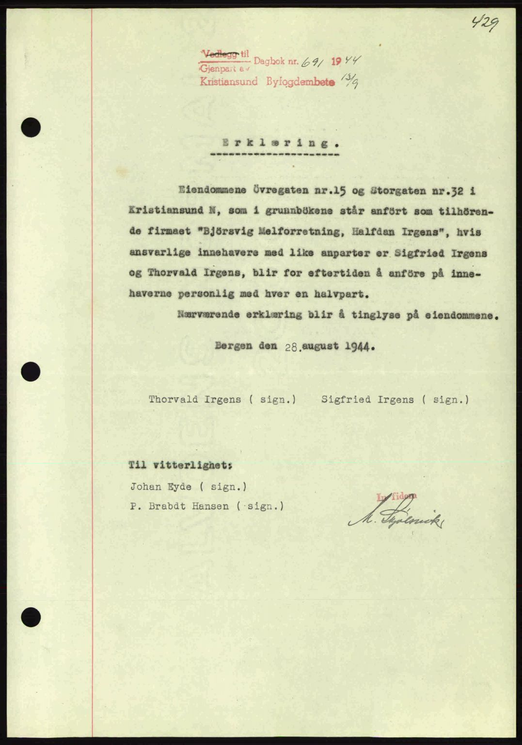 Kristiansund byfogd, AV/SAT-A-4587/A/27: Pantebok nr. 34, 1941-1945, Dagboknr: 691/1944