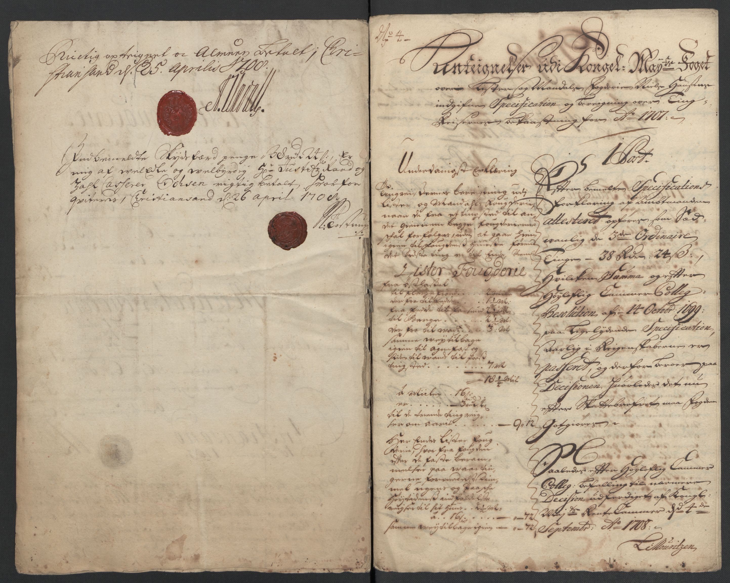 Rentekammeret inntil 1814, Reviderte regnskaper, Fogderegnskap, RA/EA-4092/R43/L2551: Fogderegnskap Lista og Mandal, 1705-1709, s. 576