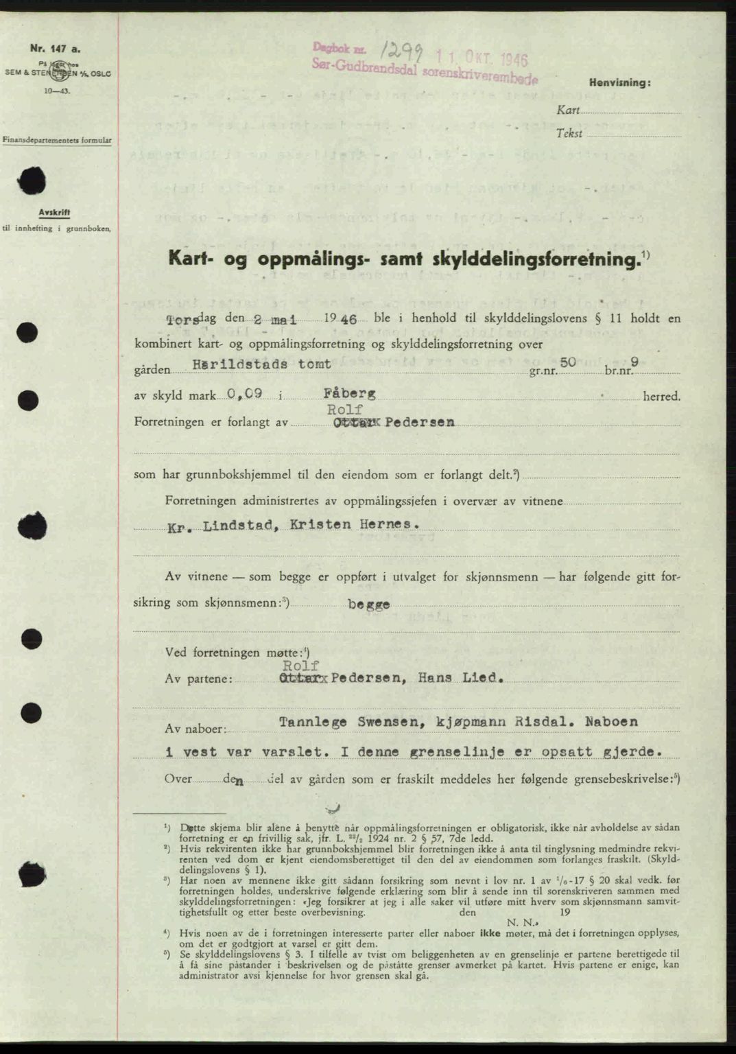 Sør-Gudbrandsdal tingrett, SAH/TING-004/H/Hb/Hbd/L0016: Pantebok nr. A16, 1946-1946, Dagboknr: 1299/1946
