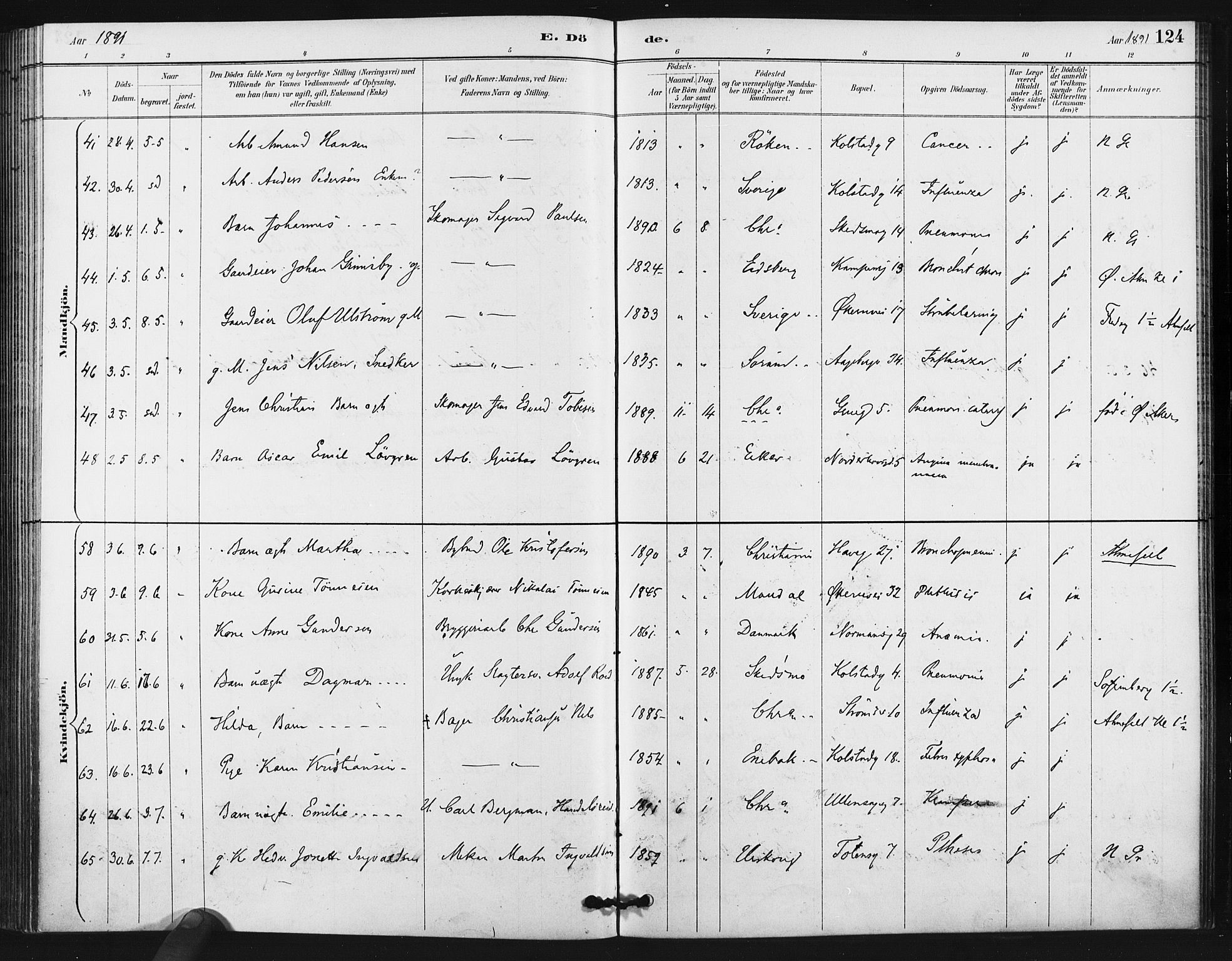 Kampen prestekontor Kirkebøker, AV/SAO-A-10853/F/Fa/L0006: Ministerialbok nr. I 6, 1889-1896, s. 124