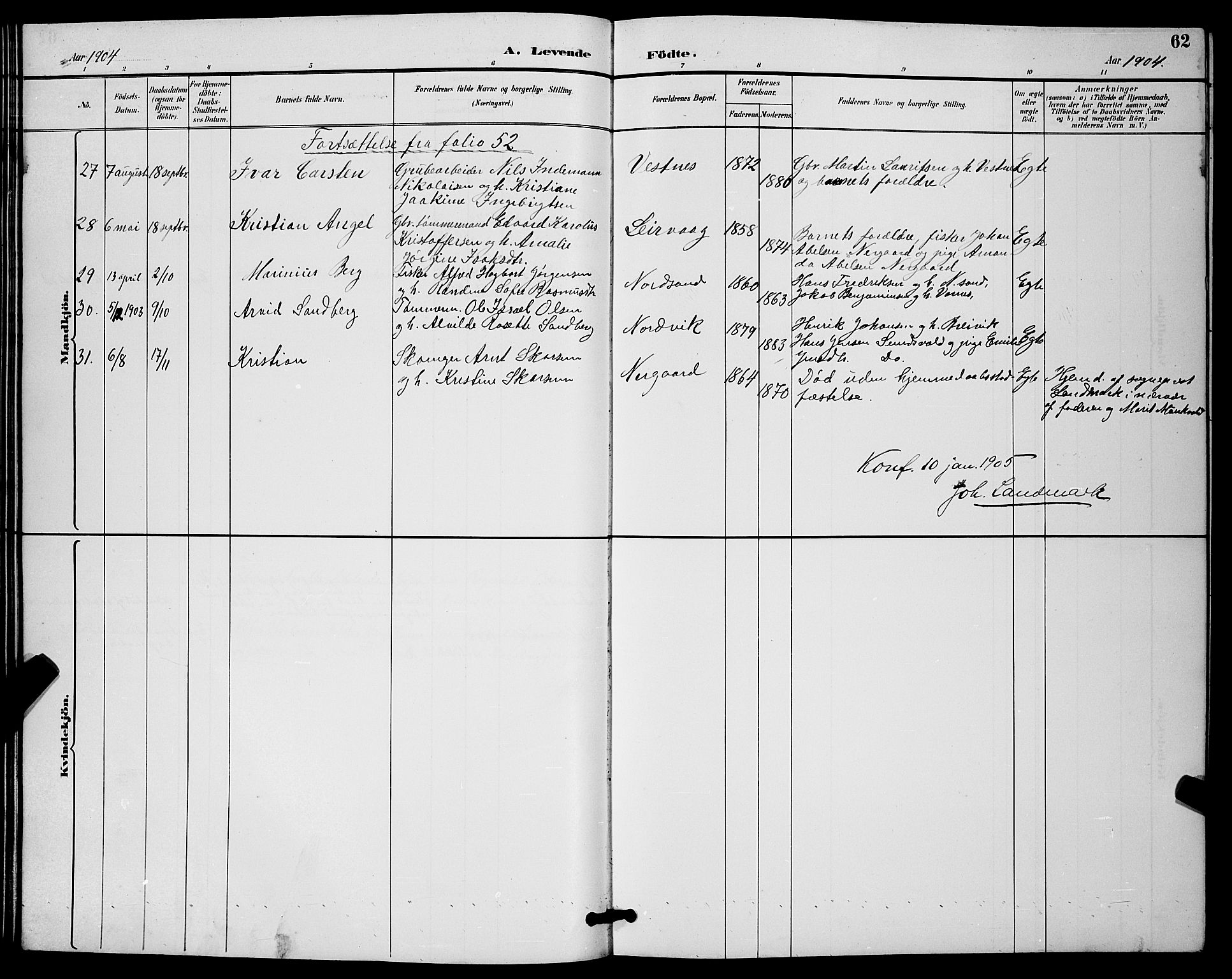 Sand/Bjarkøy sokneprestkontor, AV/SATØ-S-0811/I/Ia/Iab/L0003klokker: Klokkerbok nr. 3, 1891-1904, s. 62