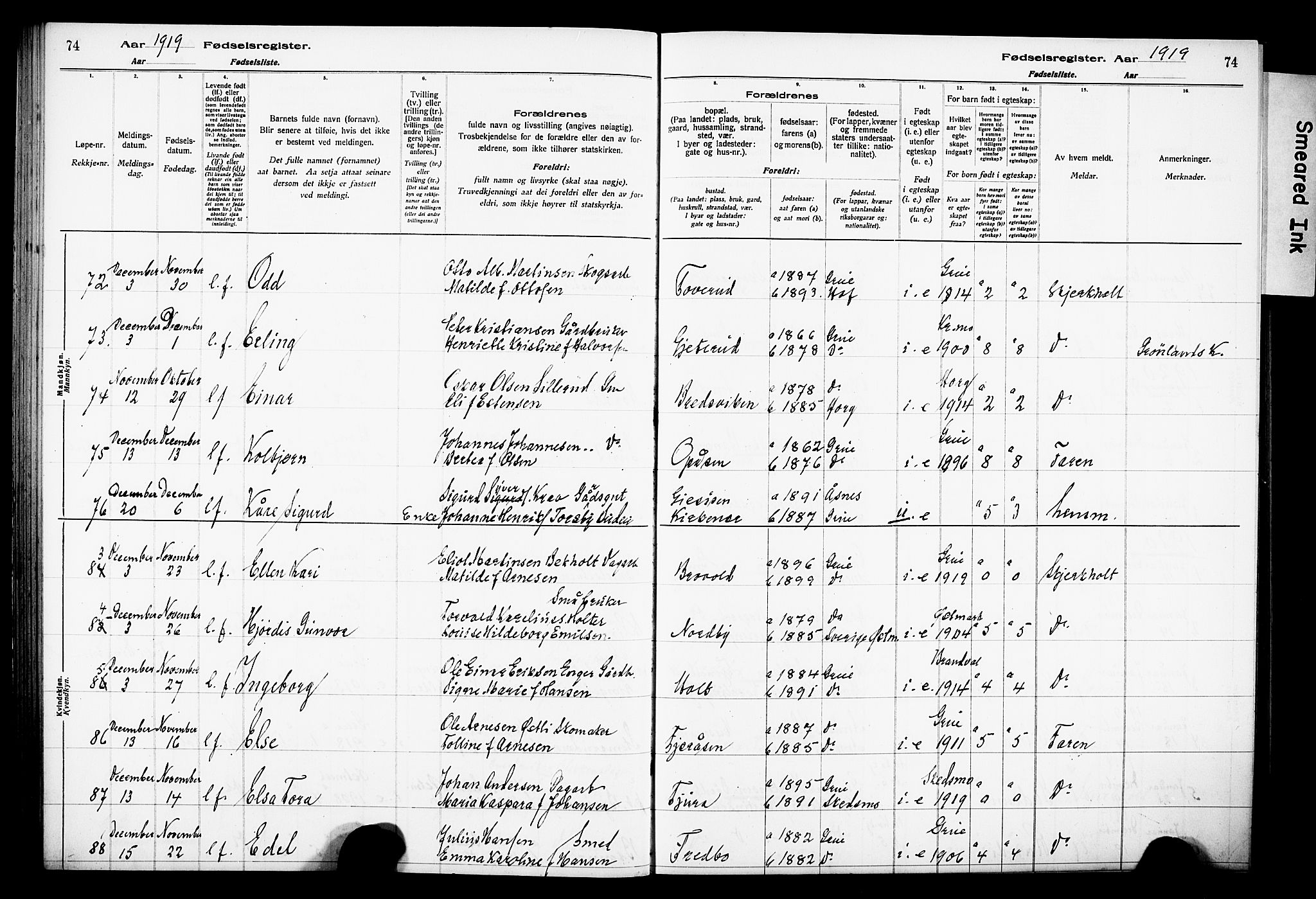 Grue prestekontor, AV/SAH-PREST-036/I/Id/Ida/L0001: Fødselsregister nr. I 1, 1916-1926, s. 74