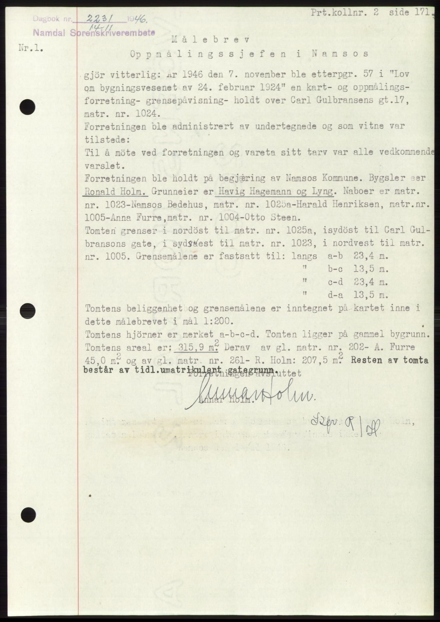 Namdal sorenskriveri, SAT/A-4133/1/2/2C: Pantebok nr. -, 1946-1947, Dagboknr: 2231/1946