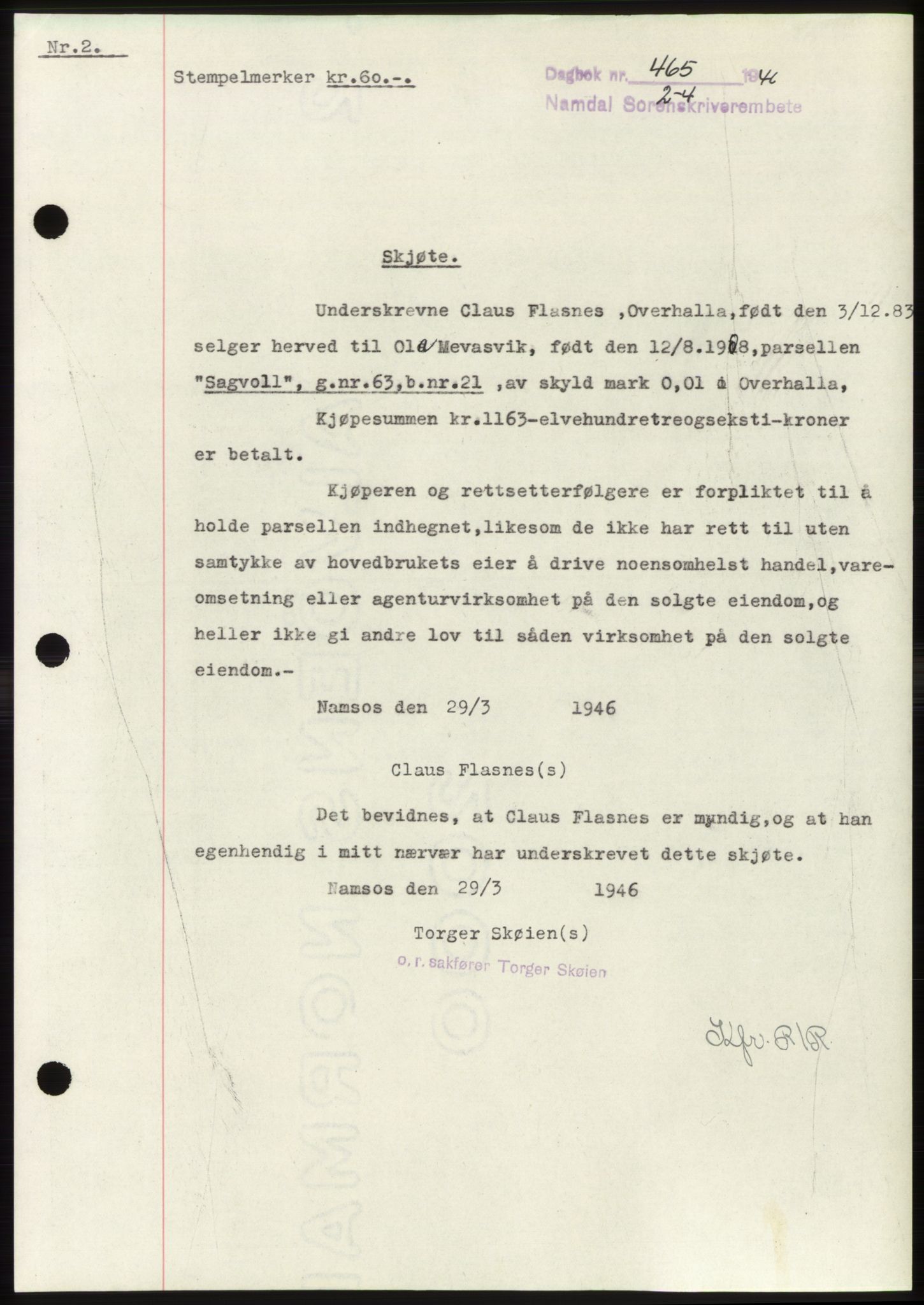 Namdal sorenskriveri, SAT/A-4133/1/2/2C: Pantebok nr. -, 1946-1946, Dagboknr: 465/1946