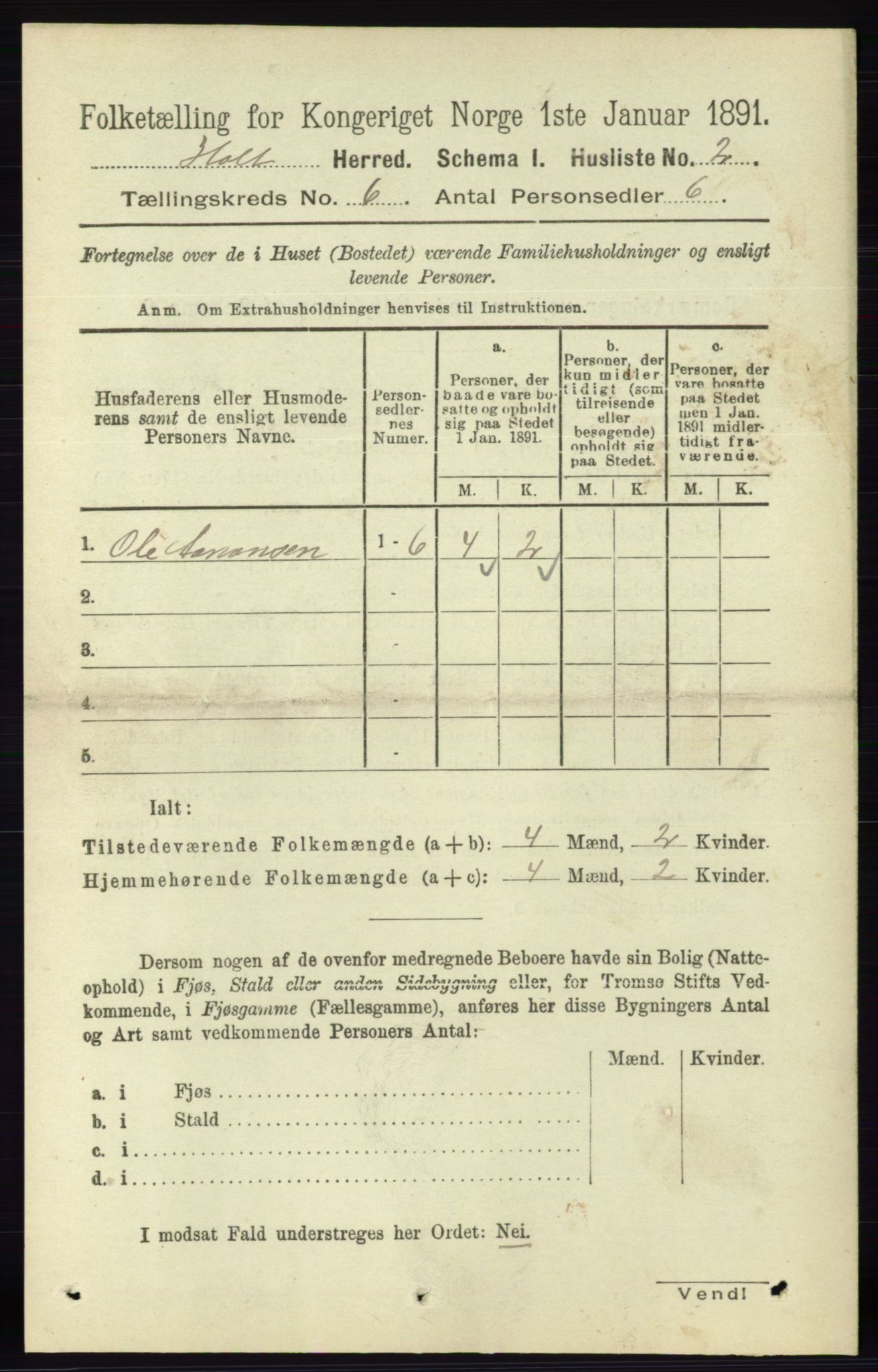 RA, Folketelling 1891 for 0914 Holt herred, 1891, s. 2936