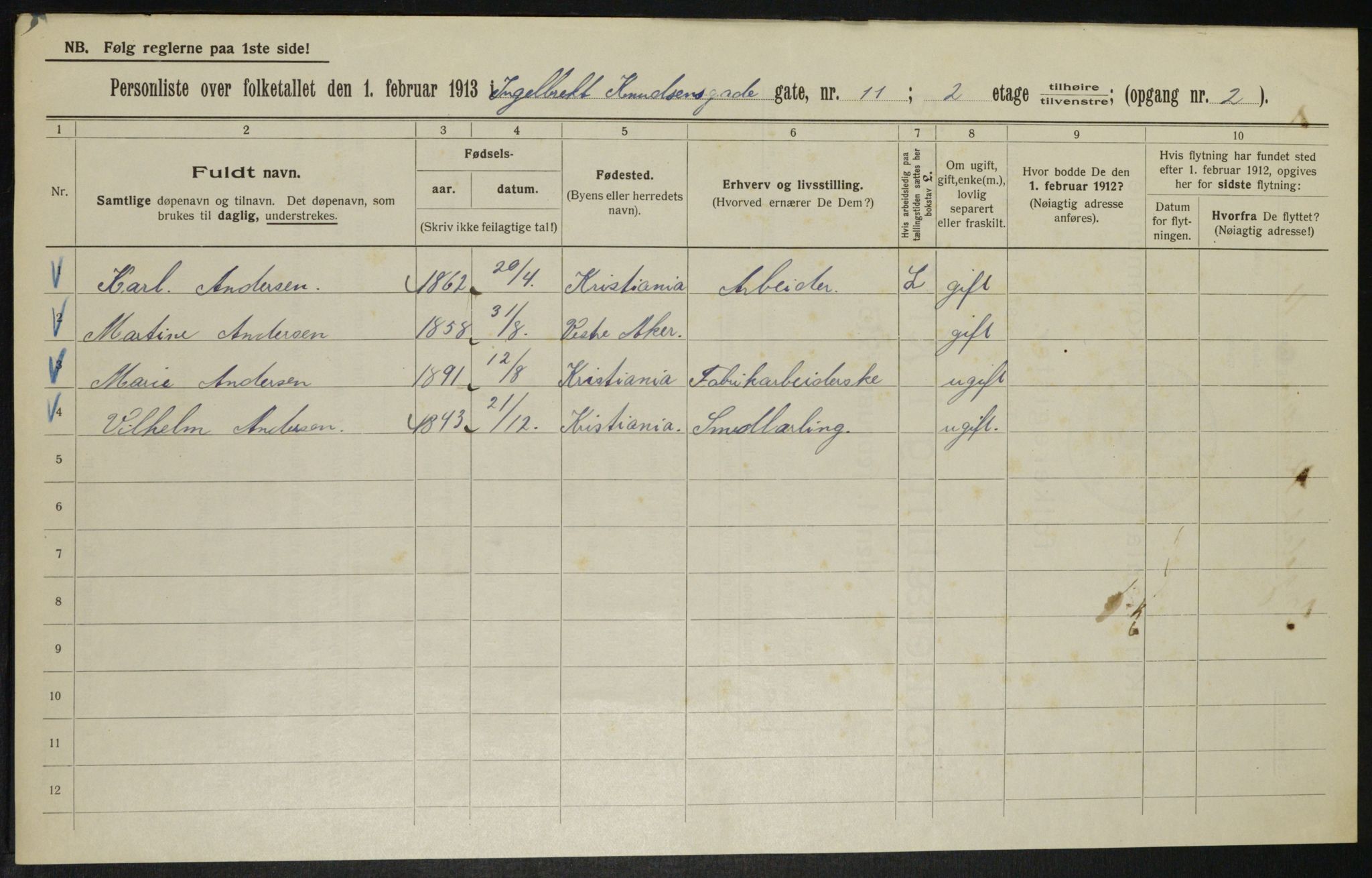 OBA, Kommunal folketelling 1.2.1913 for Kristiania, 1913, s. 43714