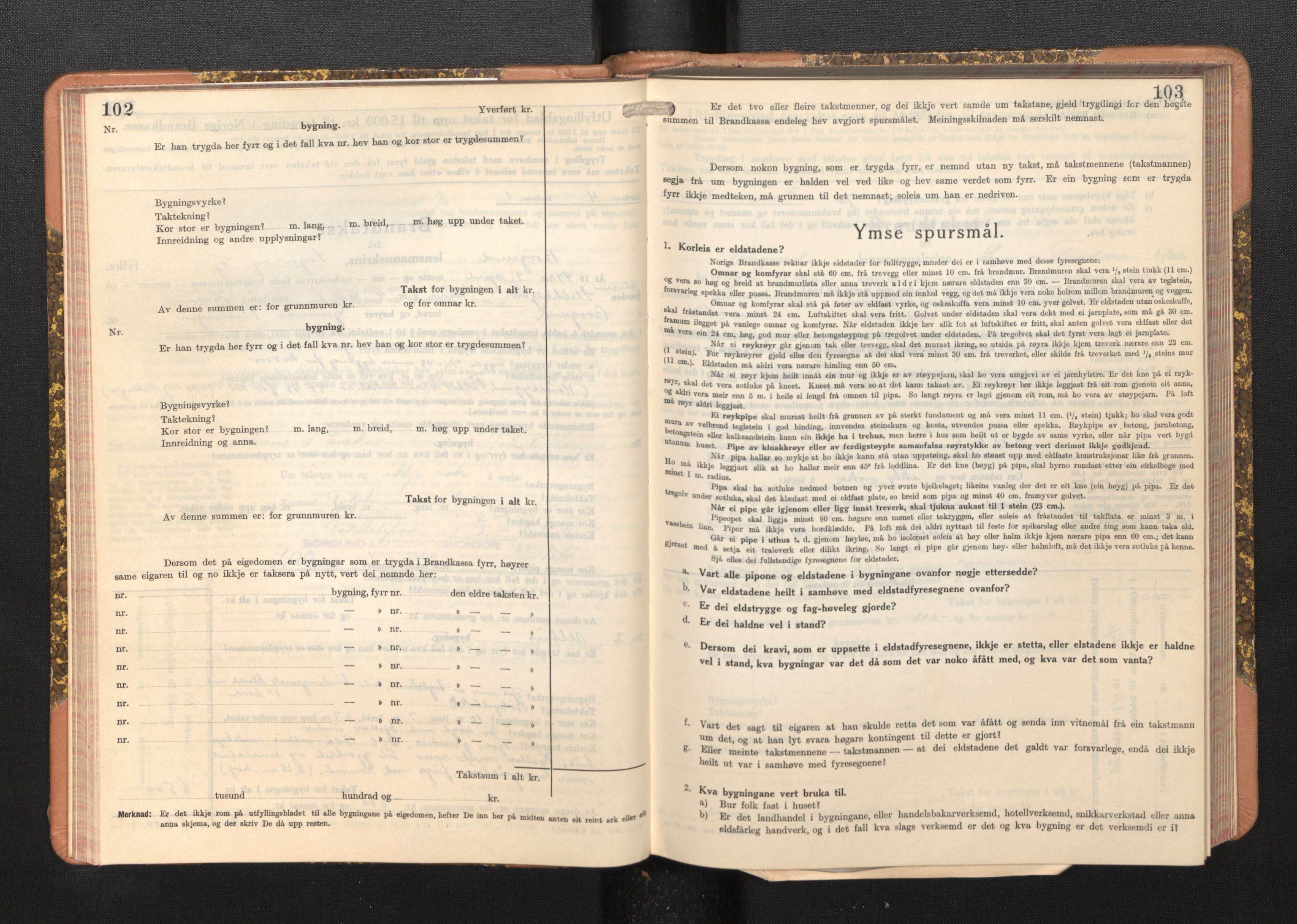 Lensmannen i Borgund, SAB/A-26601/0012/L0004: Branntakstprotokoll, skjematakst, 1937-1953, s. 102-103