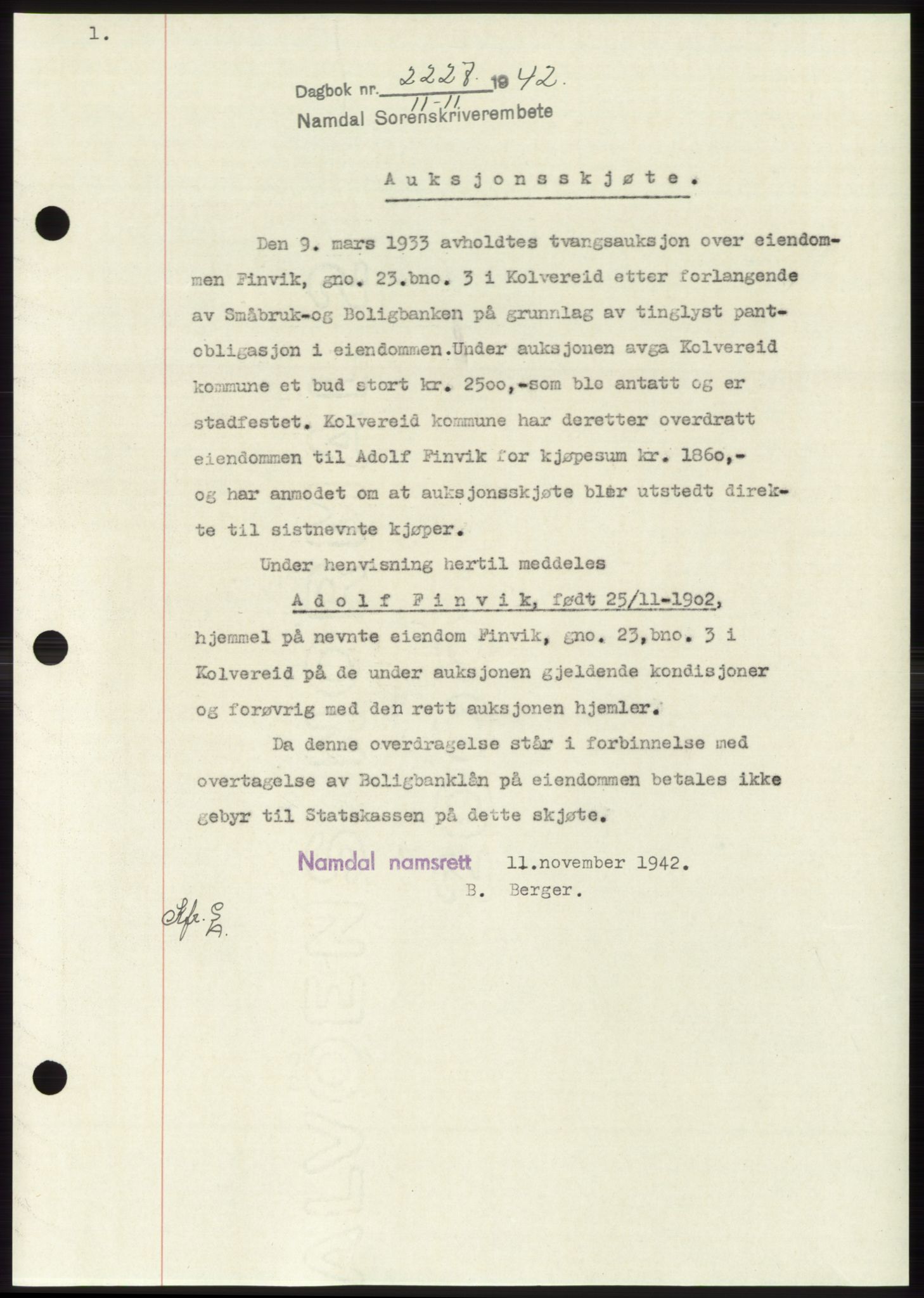 Namdal sorenskriveri, SAT/A-4133/1/2/2C: Pantebok nr. -, 1942-1943, Dagboknr: 2227/1942