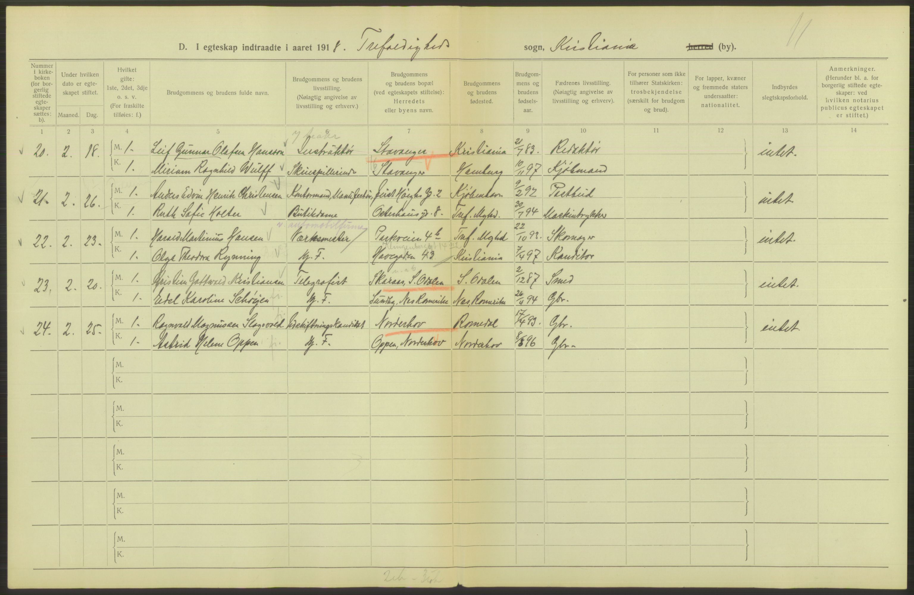 Statistisk sentralbyrå, Sosiodemografiske emner, Befolkning, AV/RA-S-2228/D/Df/Dfb/Dfbh/L0009: Kristiania: Gifte, 1918, s. 222