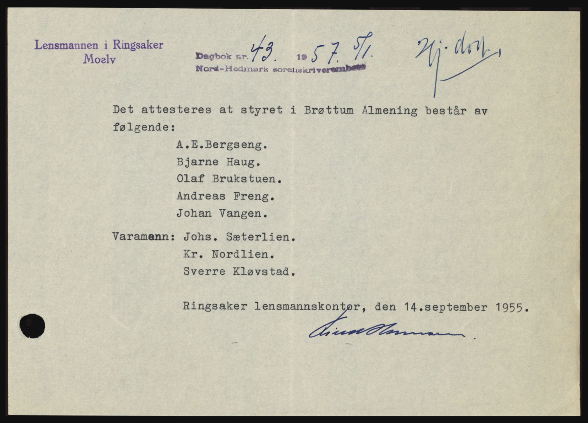 Nord-Hedmark sorenskriveri, SAH/TING-012/H/Hc/L0011: Pantebok nr. 11, 1956-1957, Dagboknr: 43/1957