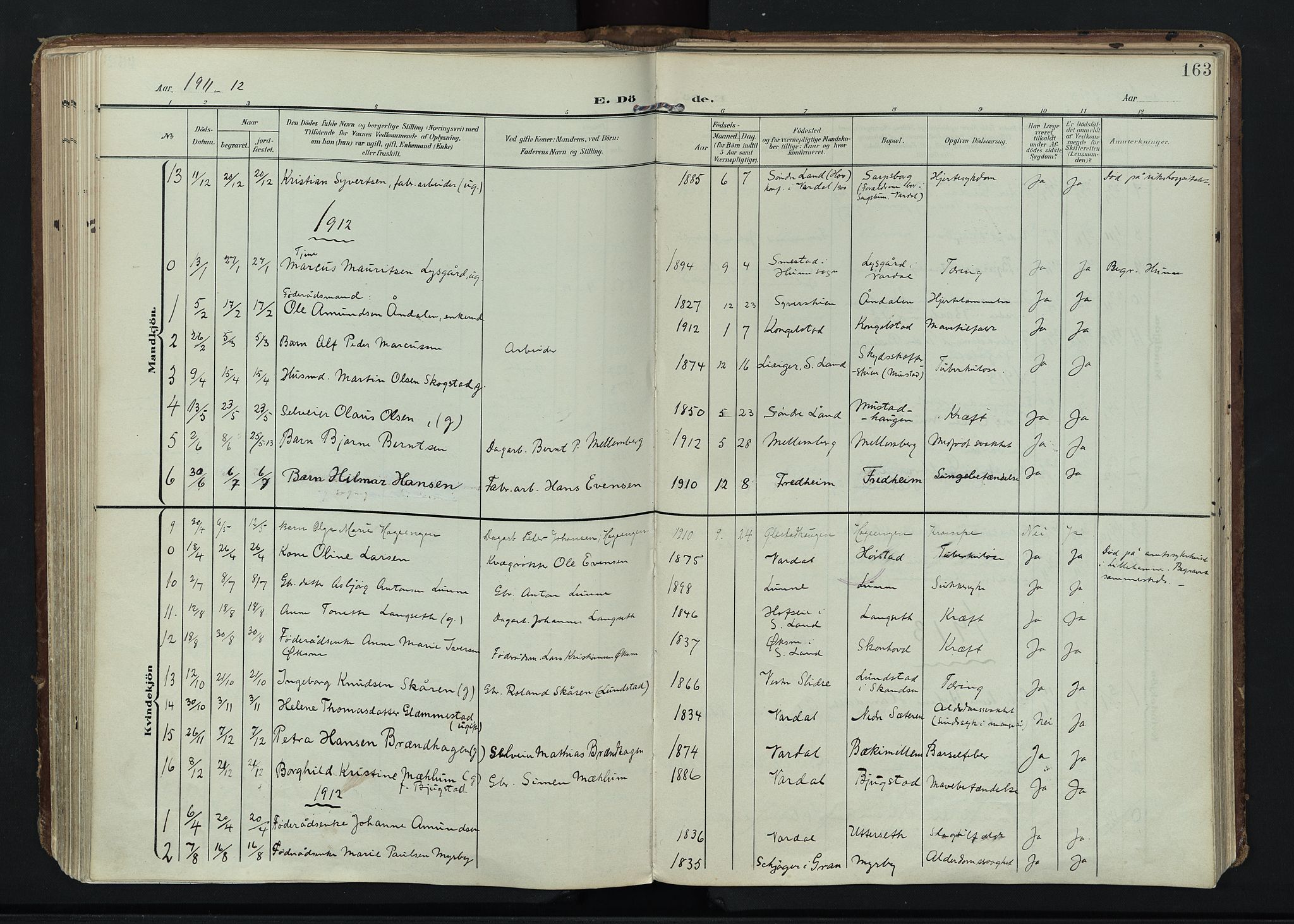 Vardal prestekontor, AV/SAH-PREST-100/H/Ha/Haa/L0020: Ministerialbok nr. 20, 1907-1921, s. 163