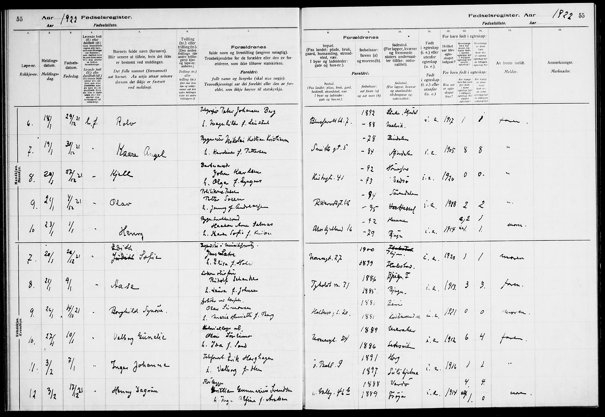 Ministerialprotokoller, klokkerbøker og fødselsregistre - Sør-Trøndelag, SAT/A-1456/604/L0233: Fødselsregister nr. 604.II.4.2, 1920-1928, s. 55