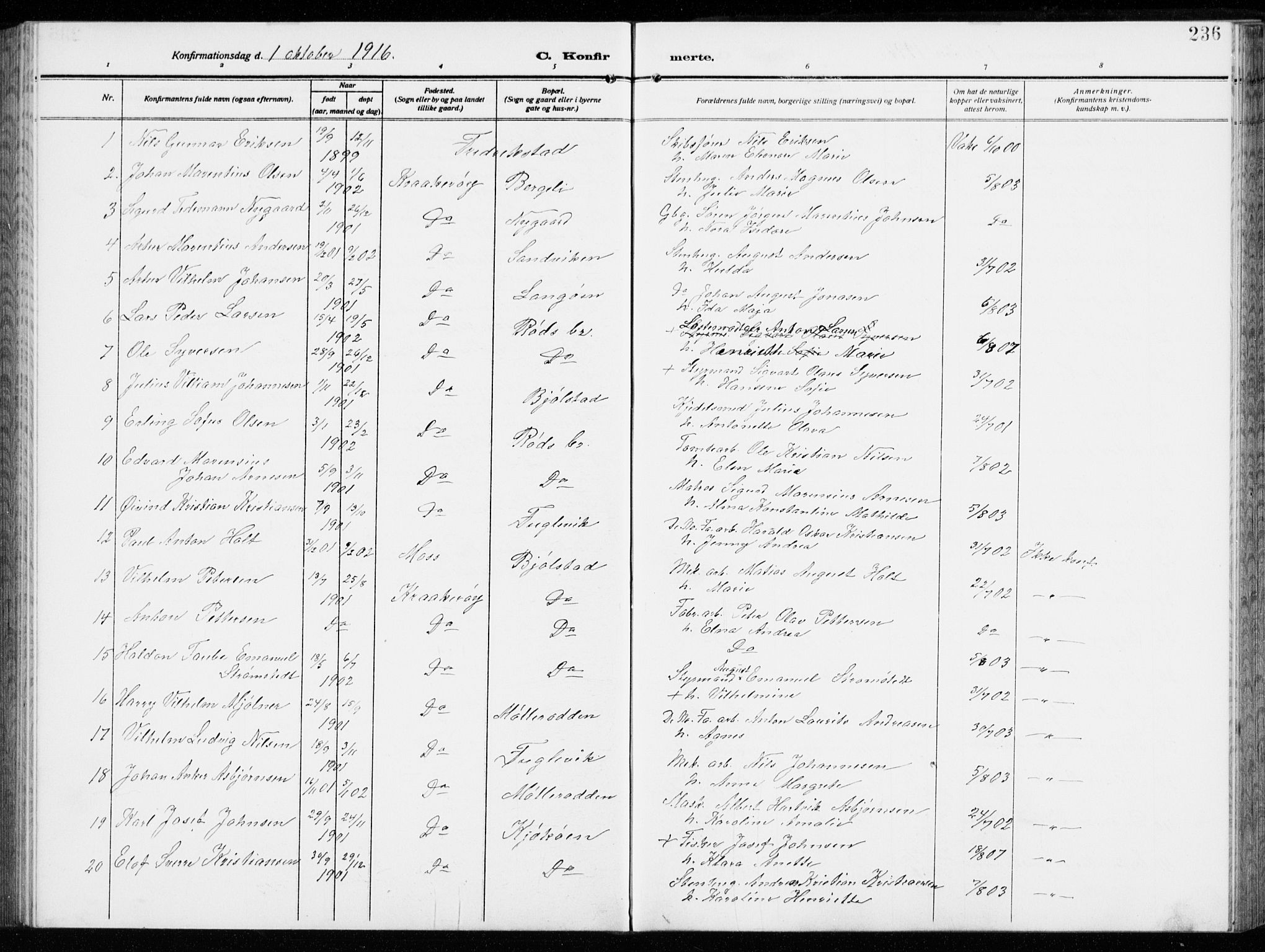 Kråkerøy prestekontor Kirkebøker, AV/SAO-A-10912/G/Ga/L0001: Klokkerbok nr. 1, 1908-1944, s. 236