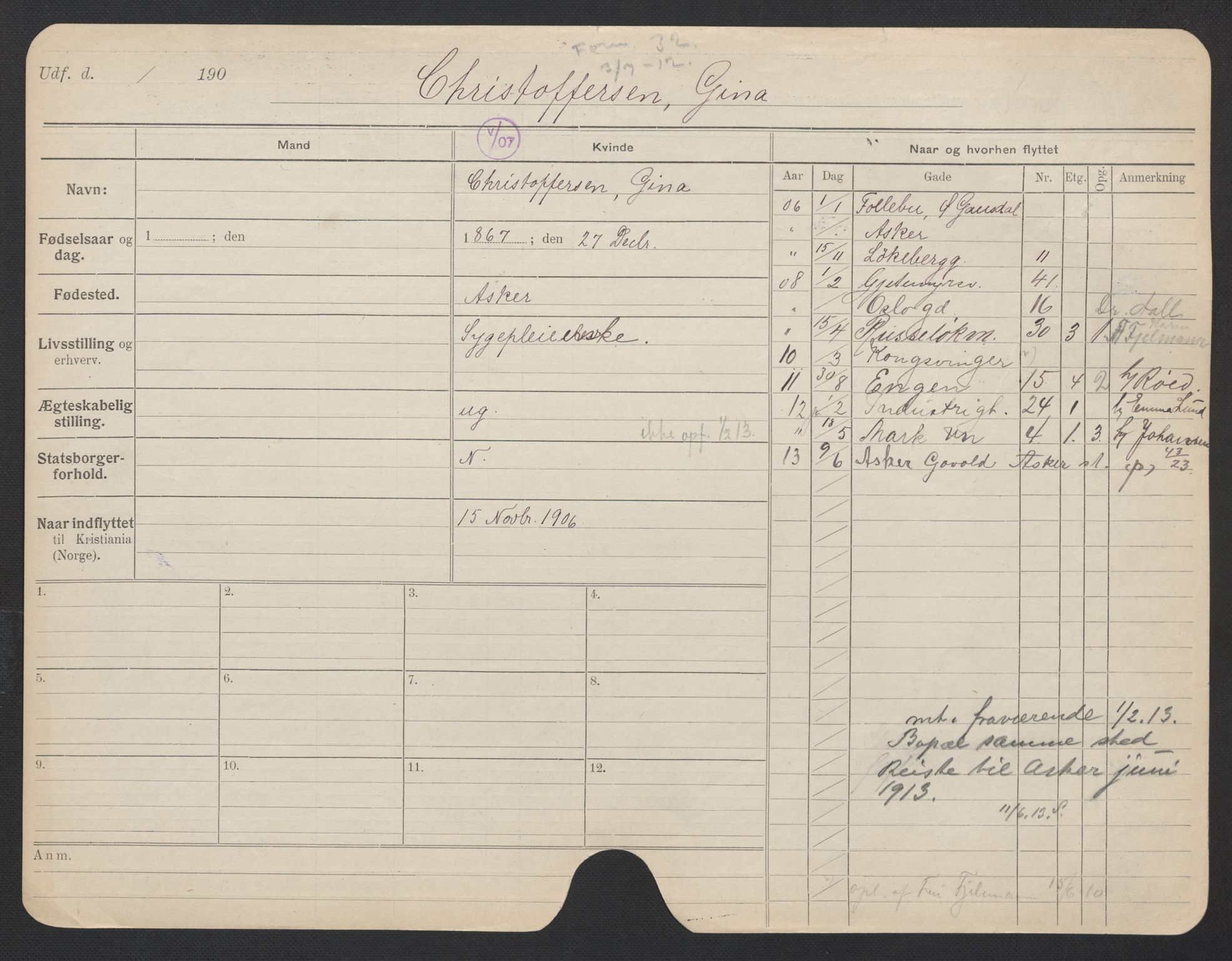 Oslo folkeregister, Registerkort, AV/SAO-A-11715/F/Fa/Fac/L0019: Kvinner, 1906-1914, s. 498a