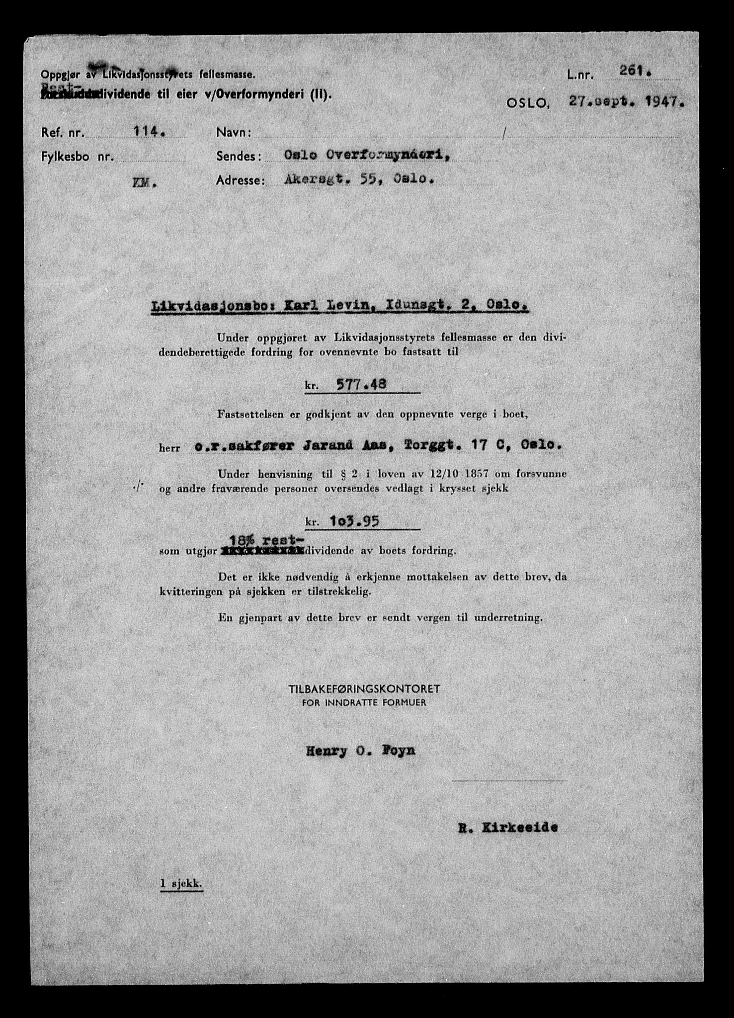 Justisdepartementet, Tilbakeføringskontoret for inndratte formuer, AV/RA-S-1564/H/Hc/Hcc/L0957: --, 1945-1947, s. 295