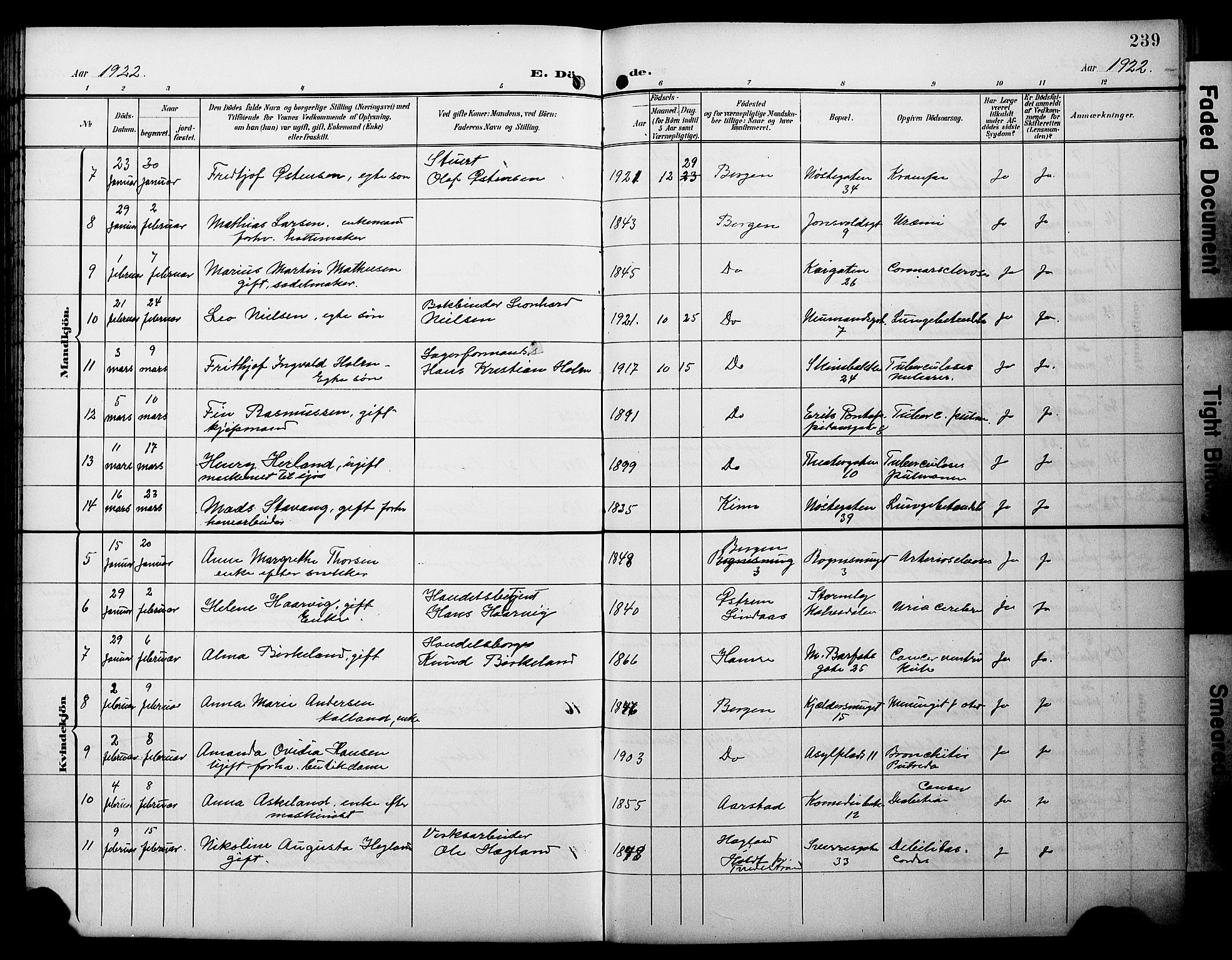Domkirken sokneprestembete, AV/SAB-A-74801/H/Hab/L0042: Klokkerbok nr. E 6, 1900-1929, s. 239