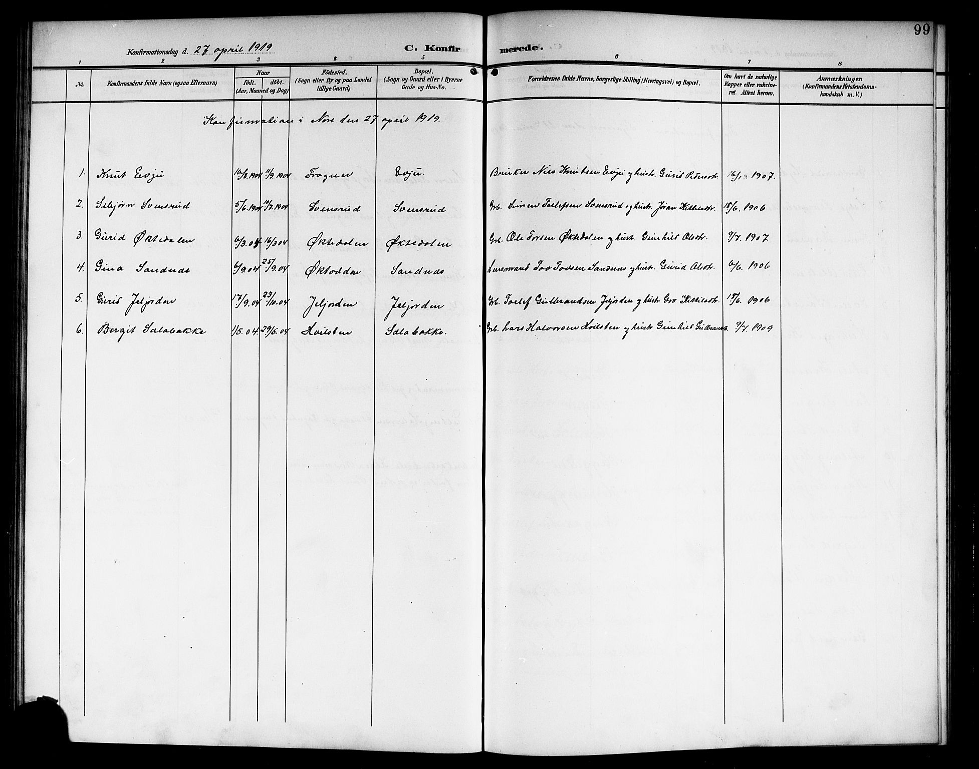 Nore kirkebøker, AV/SAKO-A-238/G/Ga/L0004: Klokkerbok nr. I 4, 1904-1919, s. 99