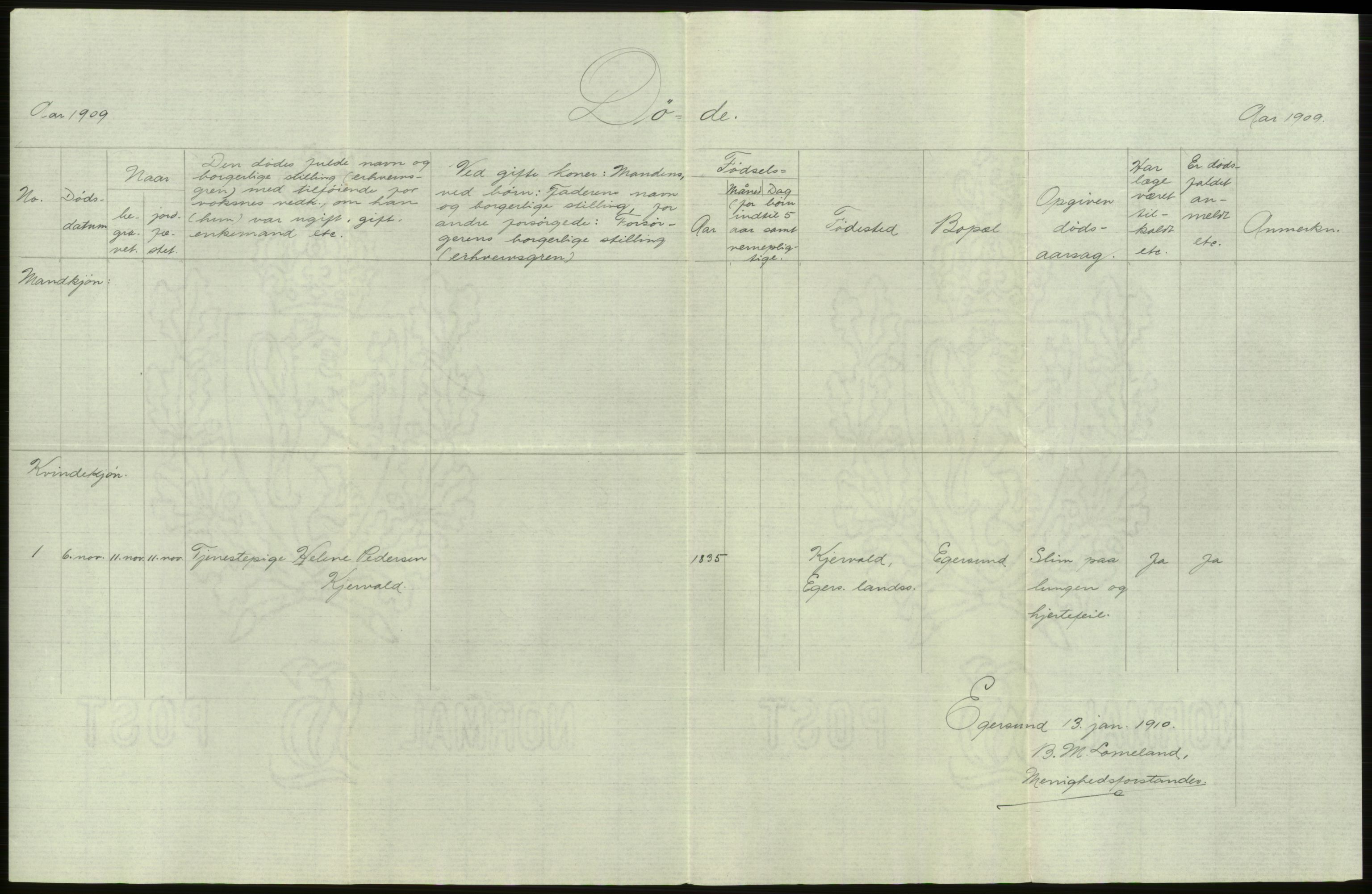 Statistisk sentralbyrå, Sosiodemografiske emner, Befolkning, AV/RA-S-2228/E/L0007: Fødte, gifte, døde dissentere., 1909, s. 3192