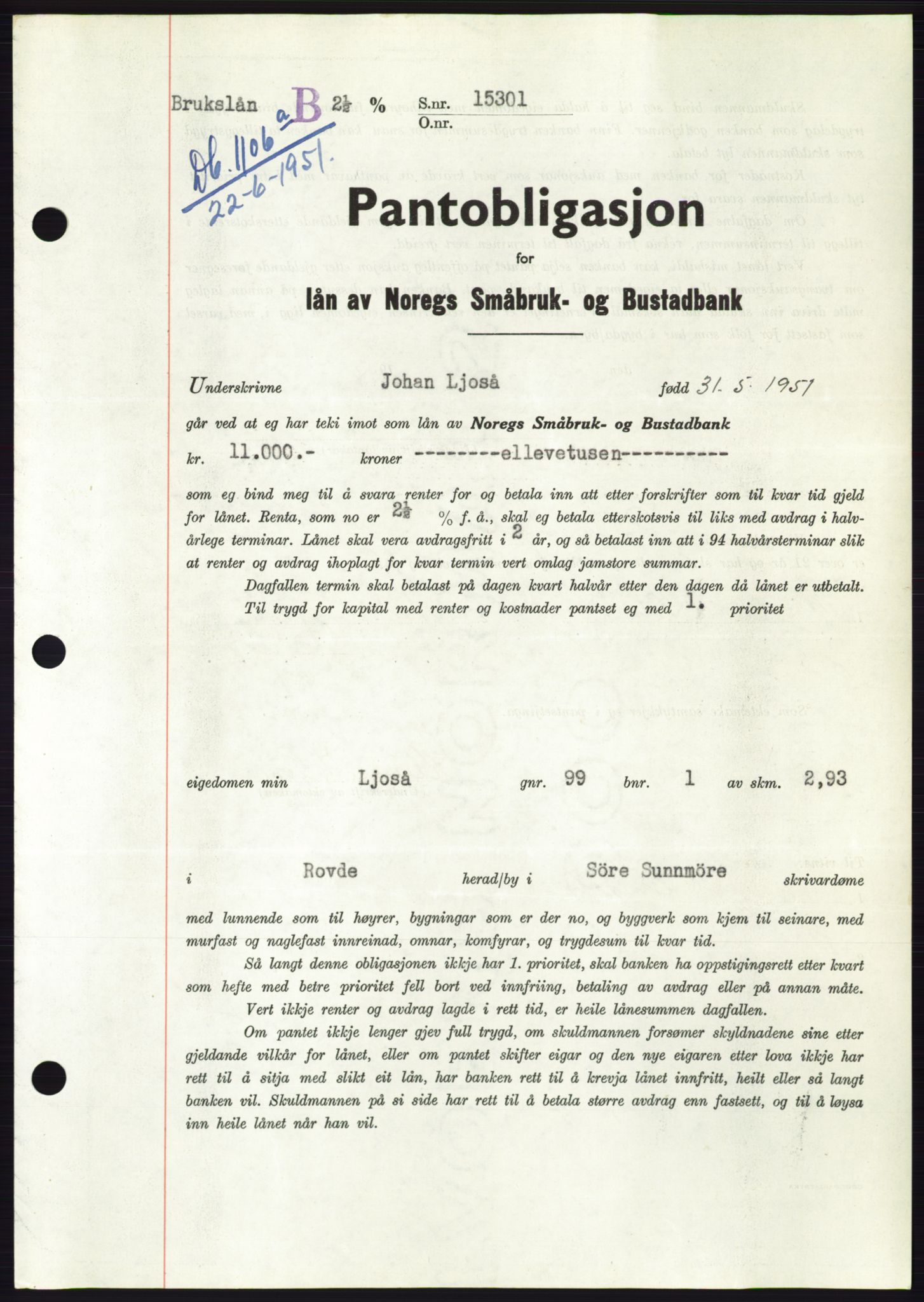 Søre Sunnmøre sorenskriveri, AV/SAT-A-4122/1/2/2C/L0120: Pantebok nr. 8B, 1951-1951, Dagboknr: 1106/1951