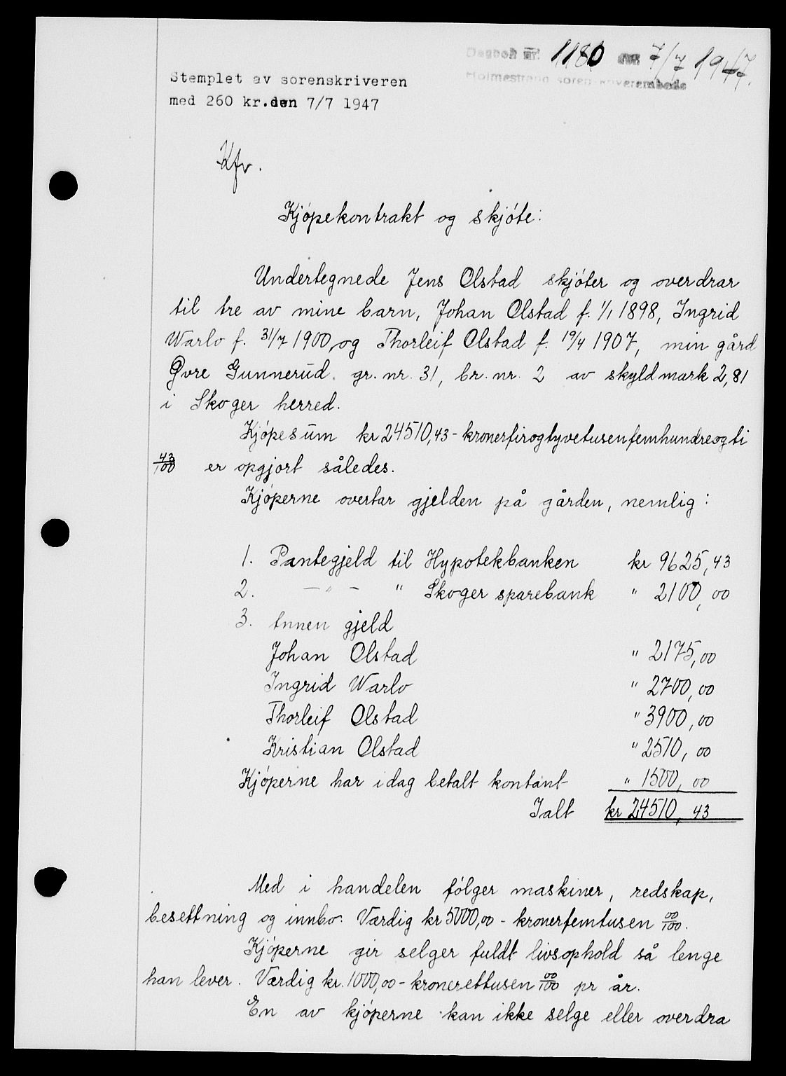 Holmestrand sorenskriveri, SAKO/A-67/G/Ga/Gaa/L0062: Pantebok nr. A-62, 1947-1947, Dagboknr: 1180/1947