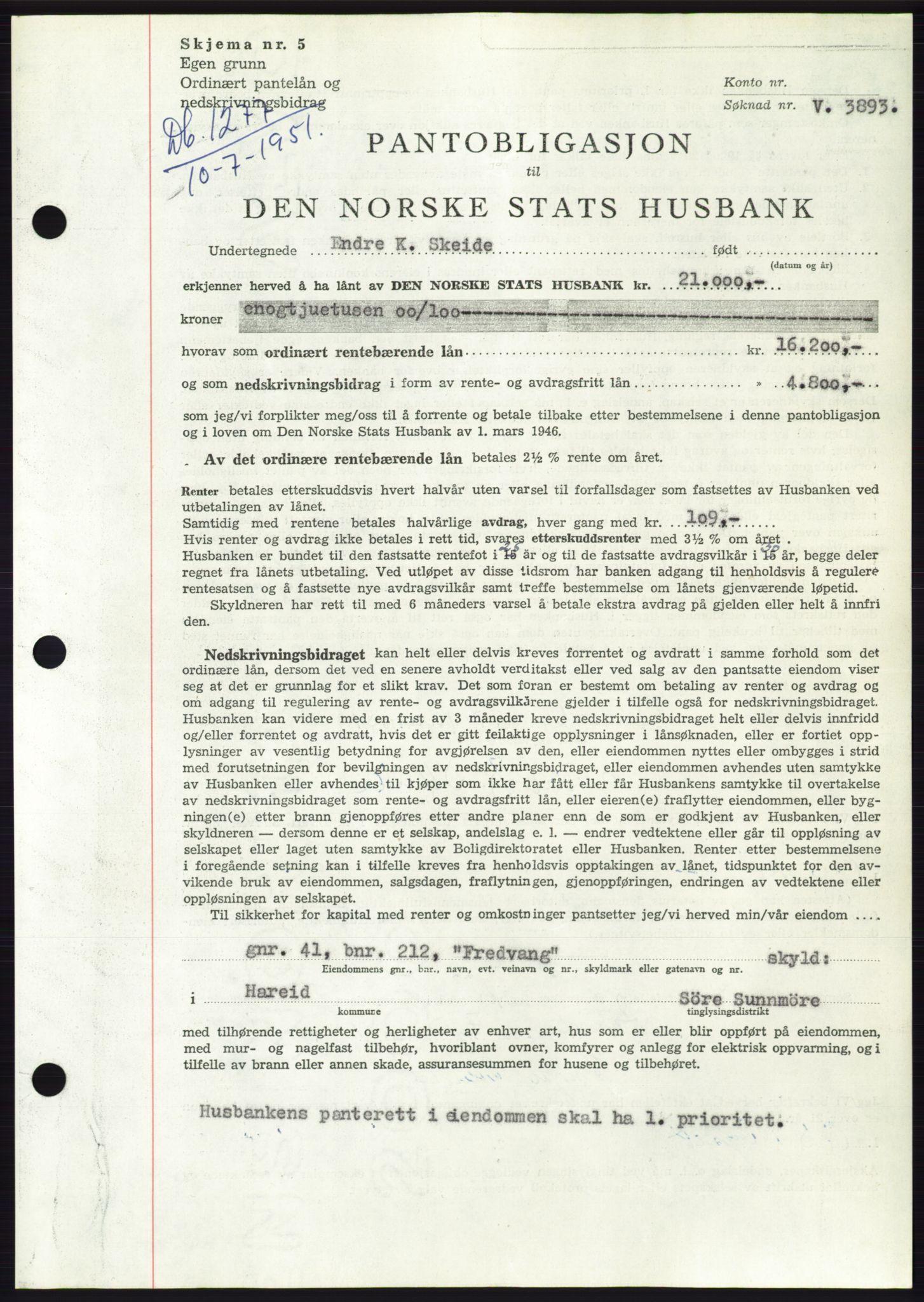 Søre Sunnmøre sorenskriveri, AV/SAT-A-4122/1/2/2C/L0120: Pantebok nr. 8B, 1951-1951, Dagboknr: 1277/1951