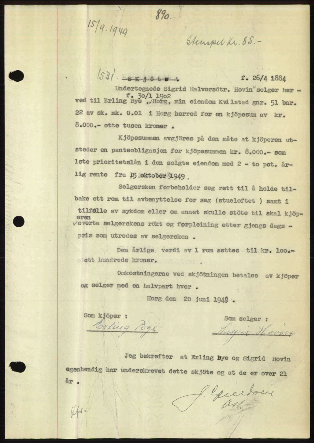 Gauldal sorenskriveri, SAT/A-0014/1/2/2C: Pantebok nr. A8, 1949-1949, Dagboknr: 1531/1949