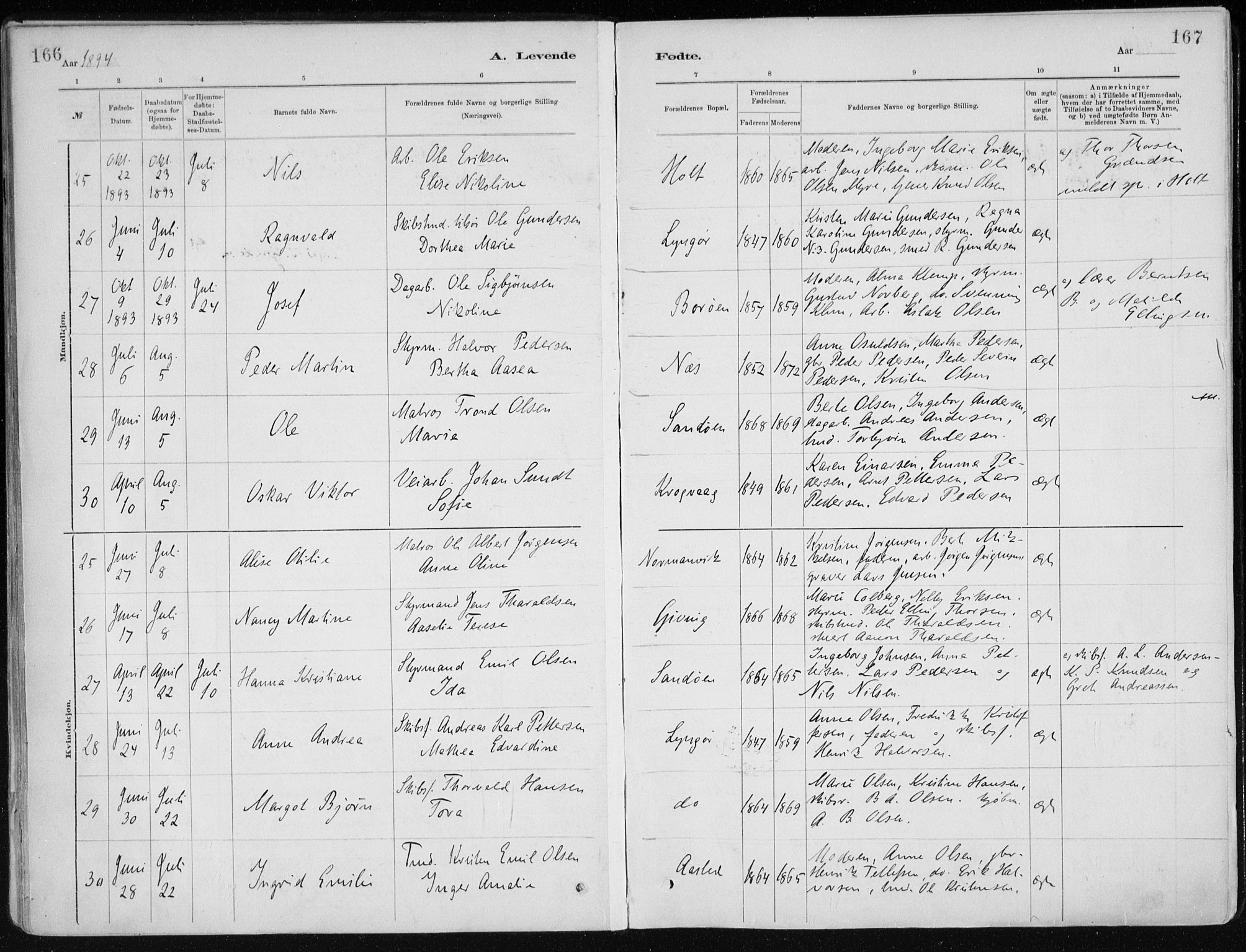 Dypvåg sokneprestkontor, AV/SAK-1111-0007/F/Fa/Faa/L0008: Ministerialbok nr. A 8, 1885-1906, s. 166-167