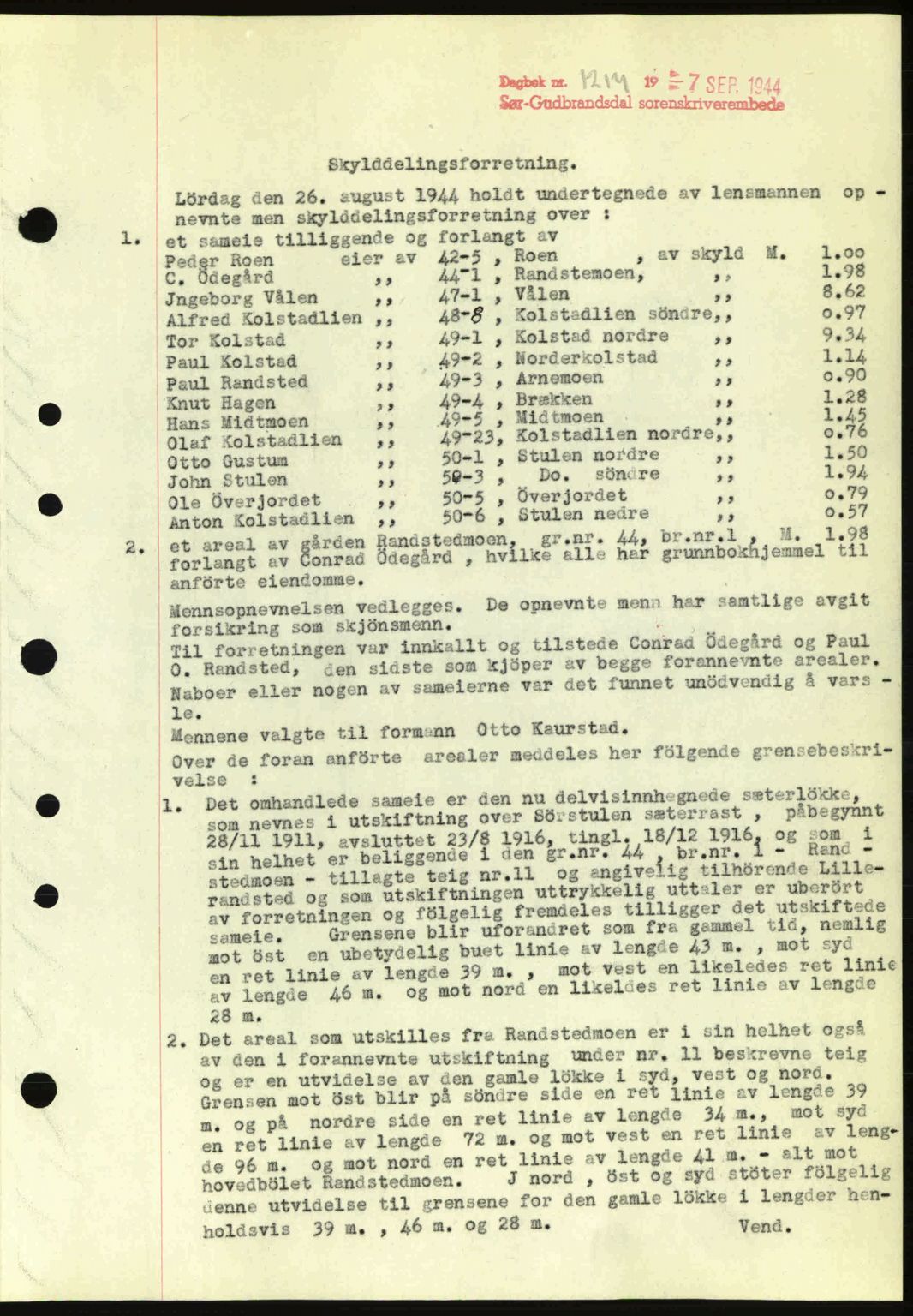 Sør-Gudbrandsdal tingrett, SAH/TING-004/H/Hb/Hbd/L0013: Pantebok nr. A13, 1944-1944, Dagboknr: 1217/1944