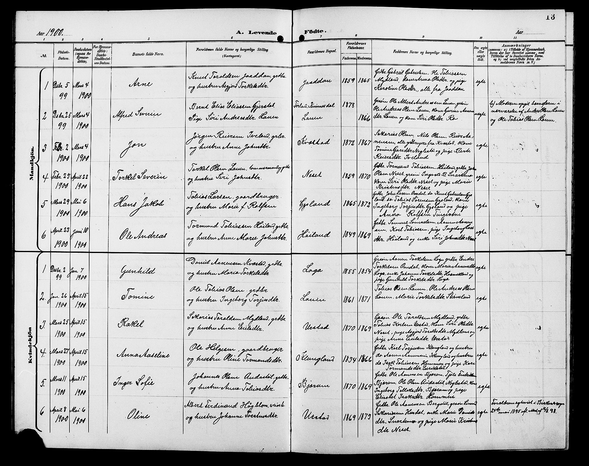 Hægebostad sokneprestkontor, SAK/1111-0024/F/Fb/Fba/L0004: Klokkerbok nr. B 4, 1897-1907, s. 13