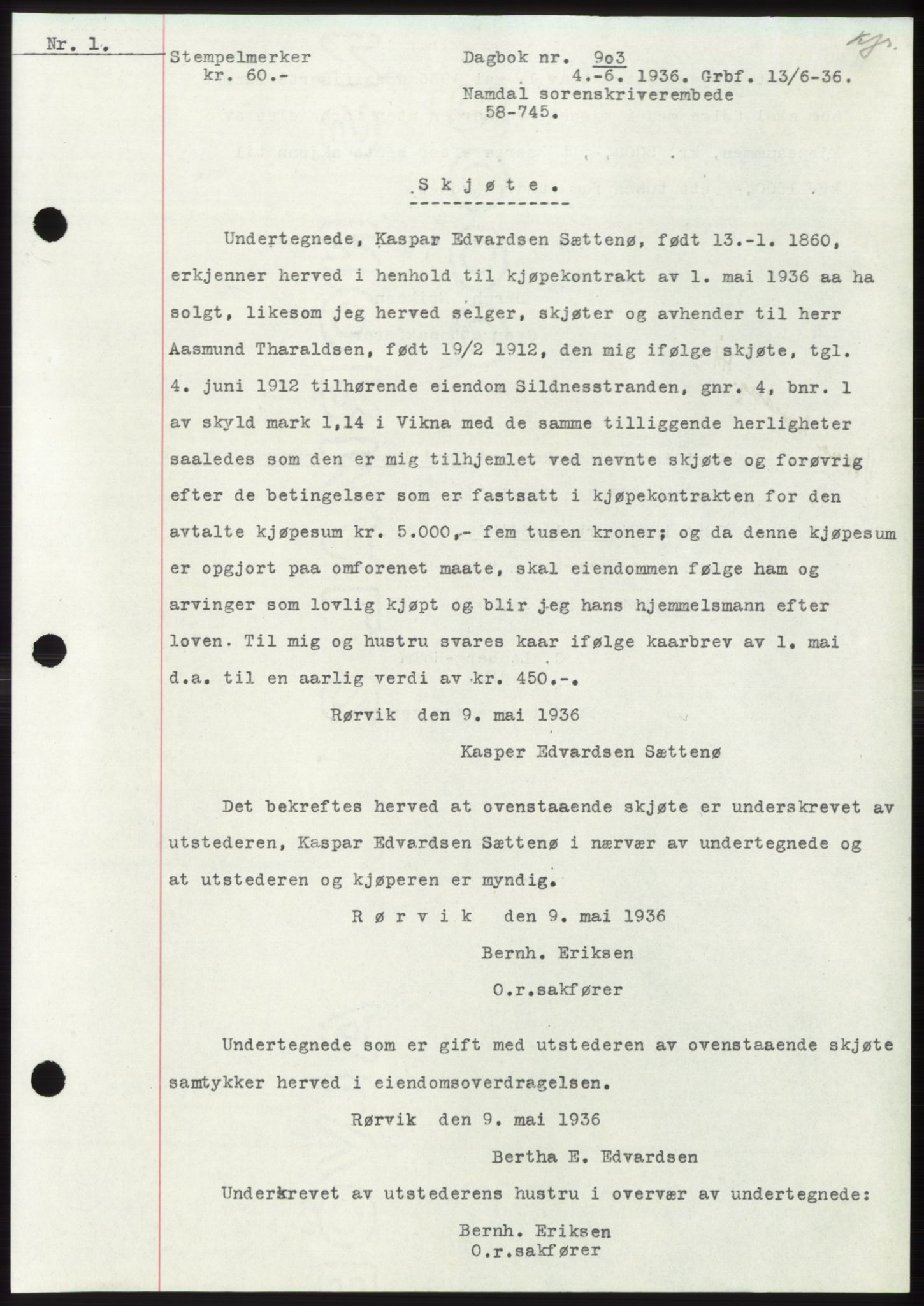 Namdal sorenskriveri, AV/SAT-A-4133/1/2/2C: Pantebok nr. -, 1935-1936, Tingl.dato: 13.06.1936