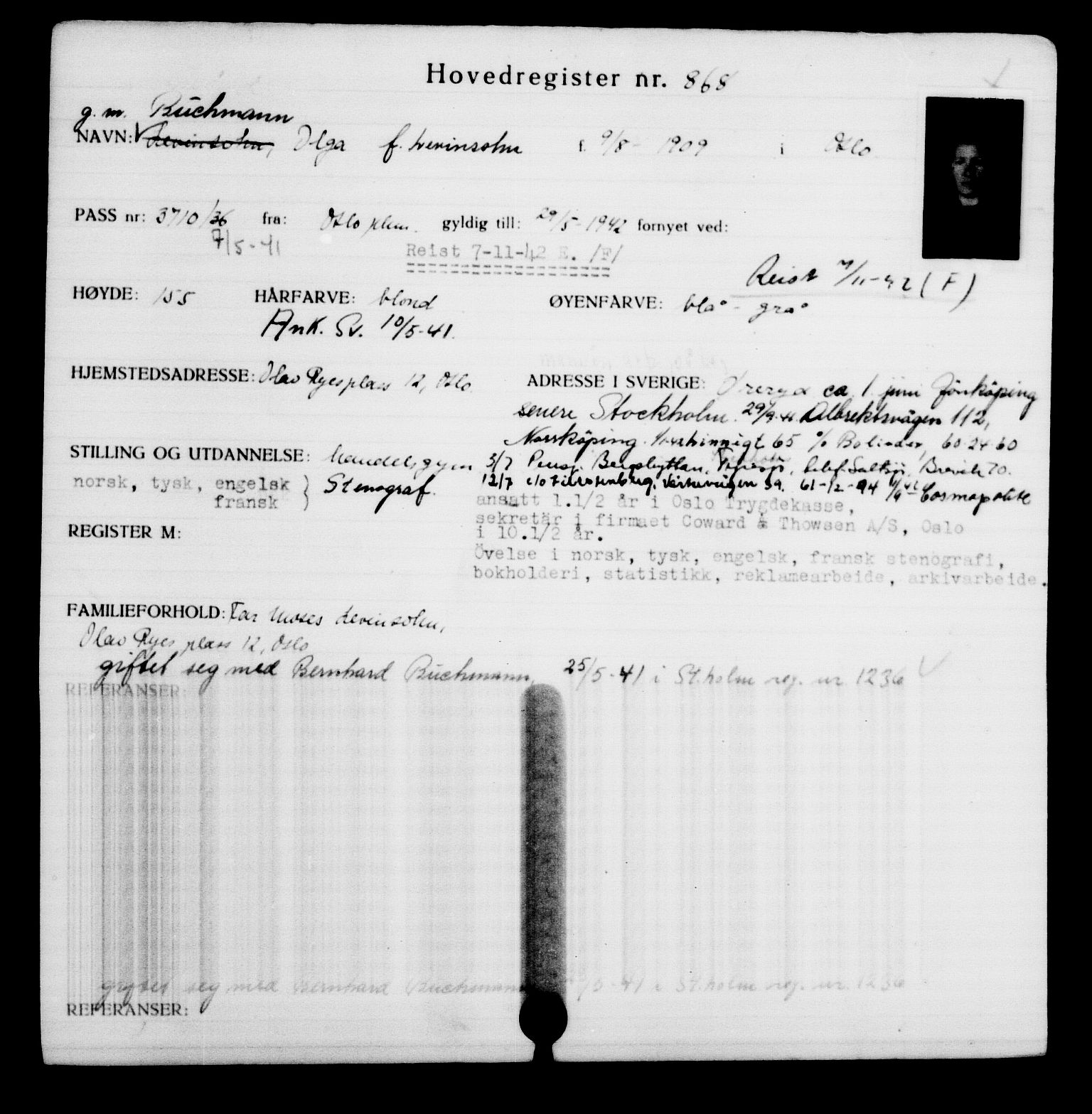 Utenriksstasjonene, Legasjonen i Stockholm, Flyktningkontoret, AV/RA-S-6753/V/Va/L0001: Kjesäterkartoteket, flyktninger med registreringsnr. 1-1000, 1940-1945, s. 1379