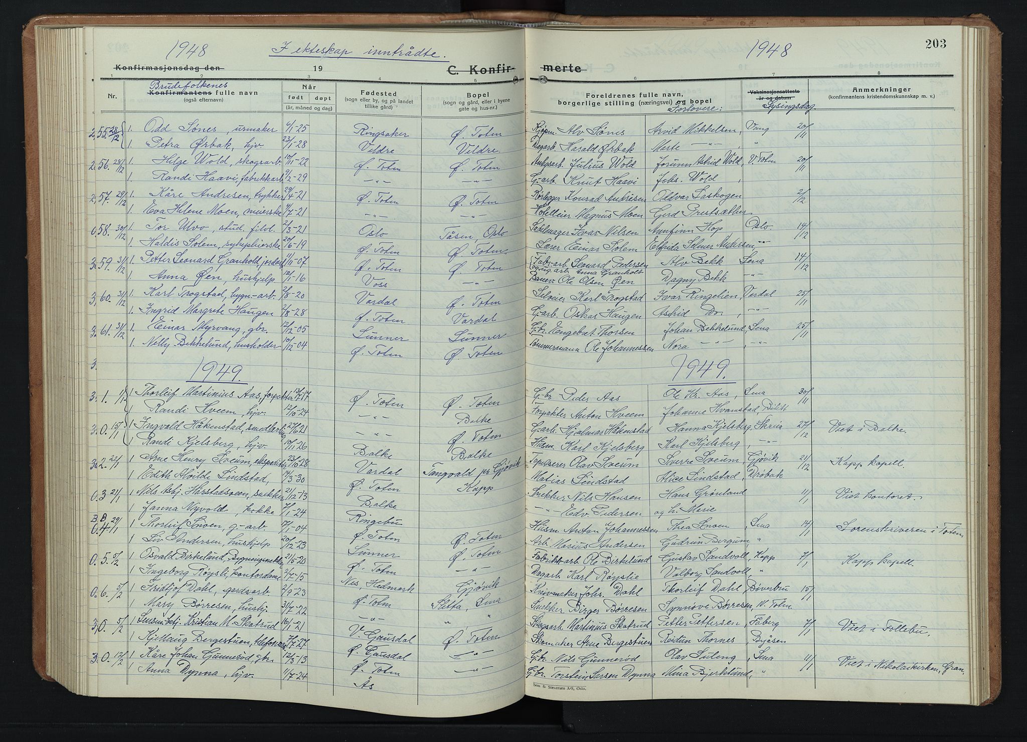 Østre Toten prestekontor, AV/SAH-PREST-104/H/Ha/Hab/L0011: Klokkerbok nr. 11, 1934-1952, s. 203