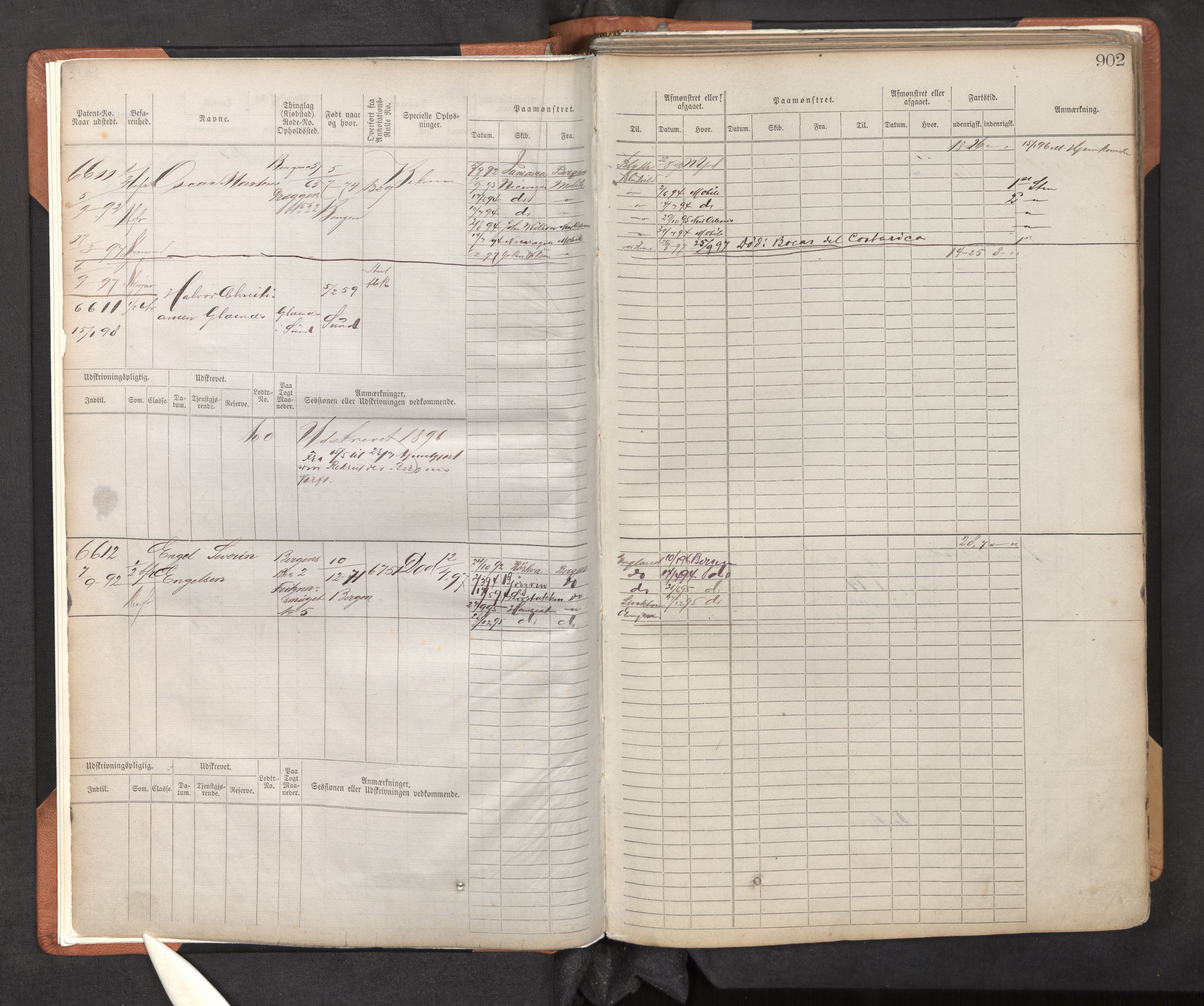 Innrulleringssjefen i Bergen, AV/SAB-A-100050/F/Fc/L0011: Sjøfartshovedrulle, nr. 6011 - 7210, 1889-1895, s. 902